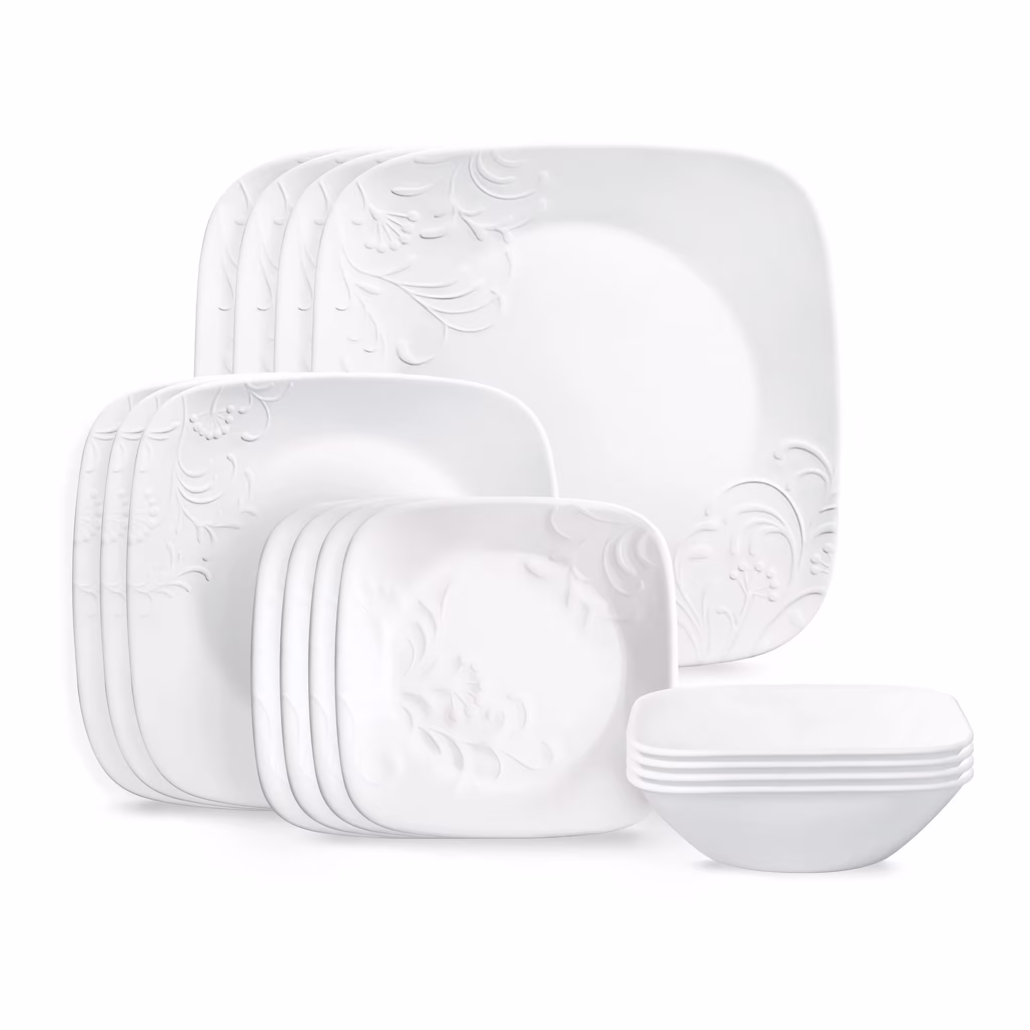 Corelle Cherish 16-Piece Embossed Square Glass Dinnerware Set (Service for 4)