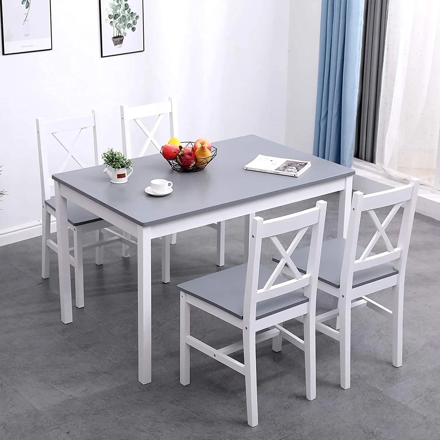 2026 NewSoges 5 Pieces Dining Table Set, Pine Wood Kitchen Dining Table with 4 Chairs, Wood Rectangular kitchen table and chairs for 4, Small Dining Set for Bar Dining Room Breakfast Nook, White and Gray