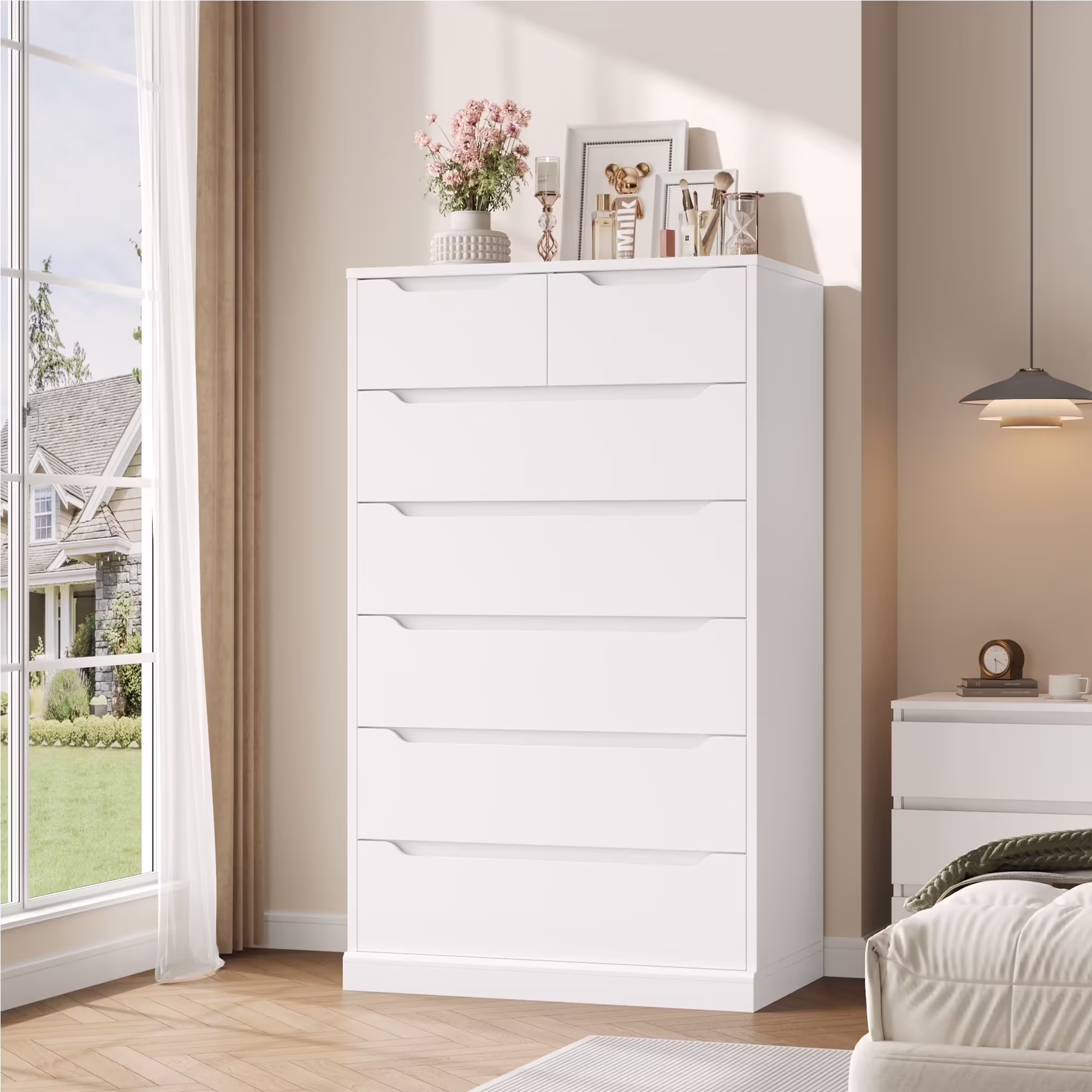 Homfa 7 Drawer White Dresser, 51.3"H Wood Storage Cabinet with Upgraded Stable Base, Vertical Chest for Bedroom Living Room