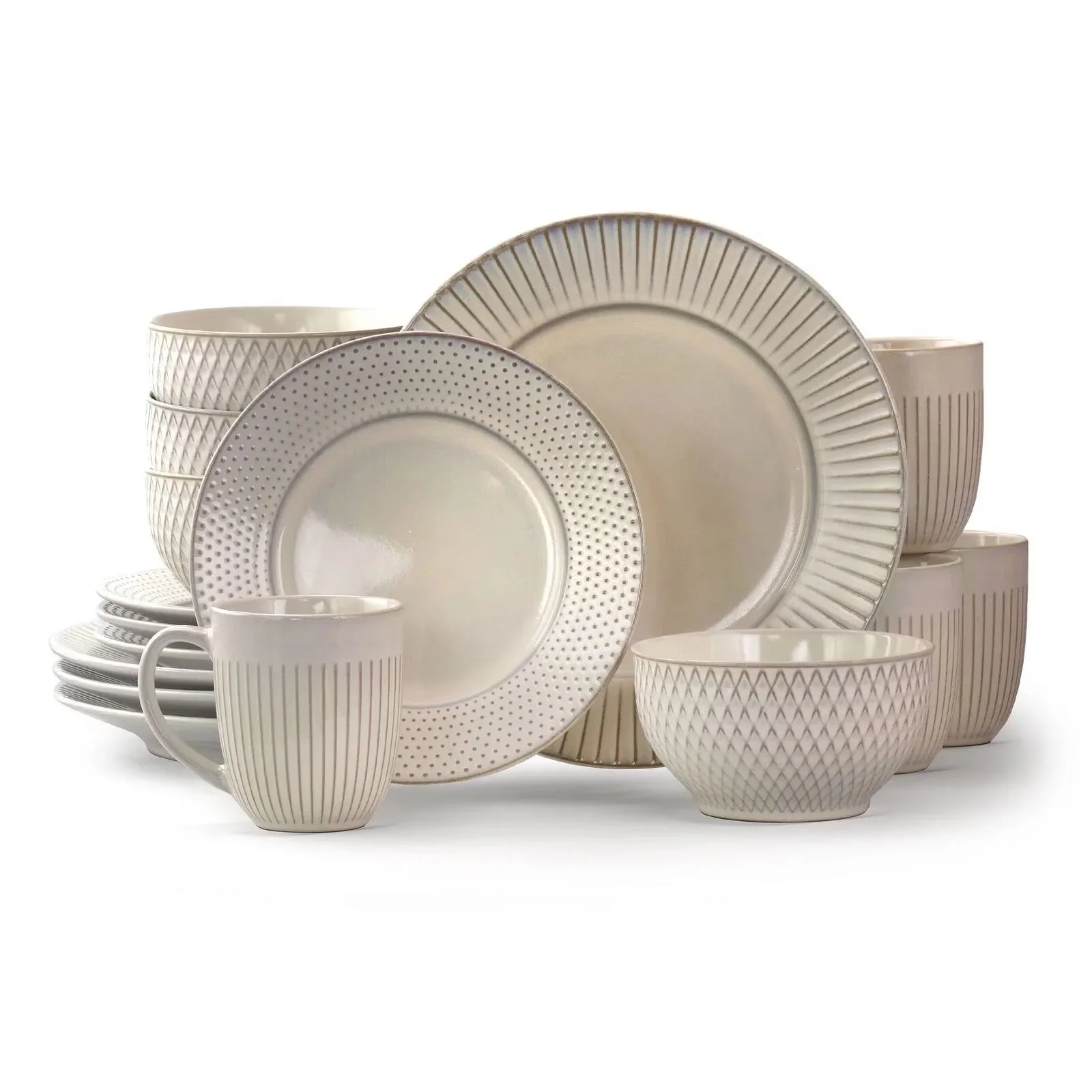 2026 NewElama Market Finds 16 Piece Round Stoneware Dinnerware Set in Embossed White
