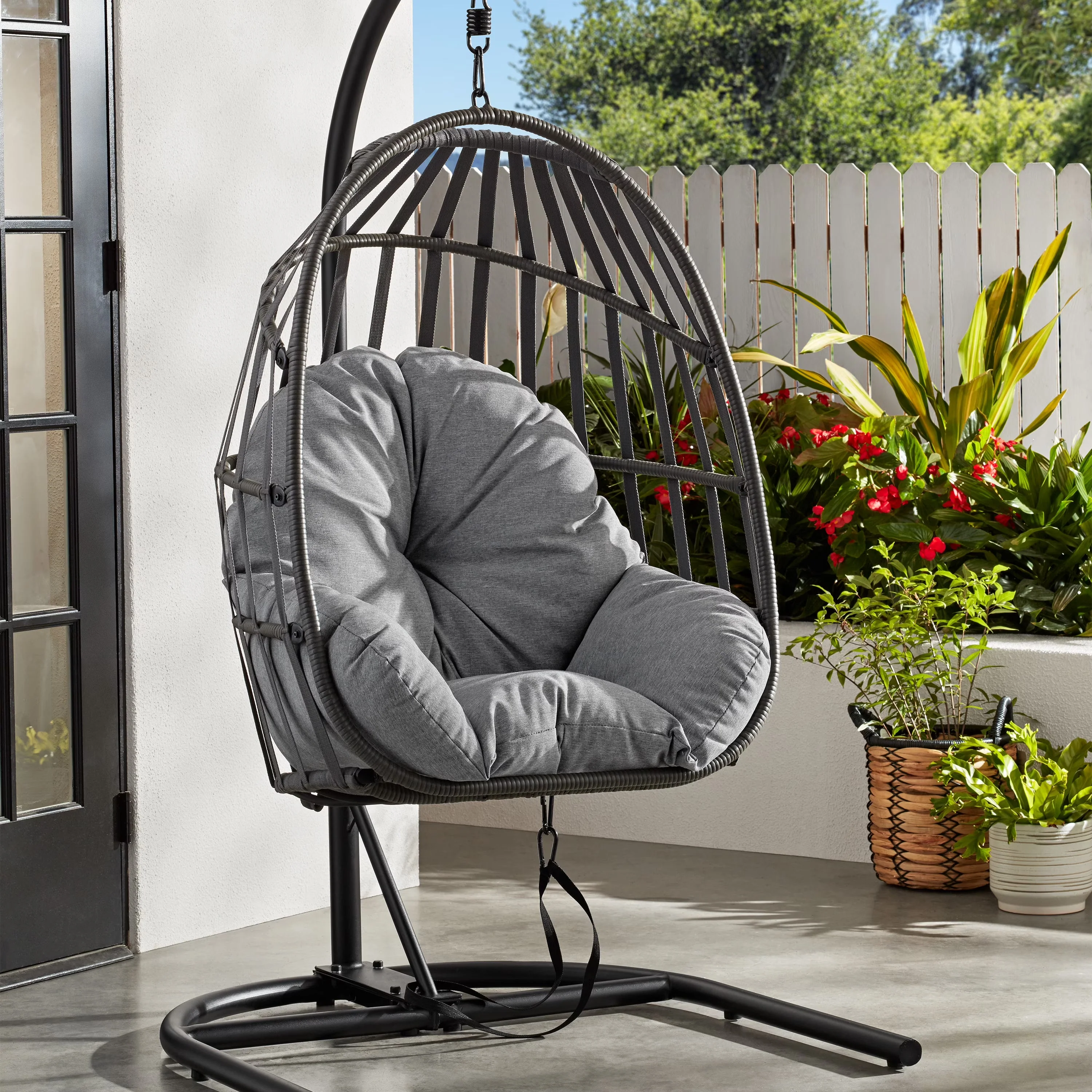 2026 NewMainstays Outdoor Wicker Patio Hanging Egg Chair, Gray