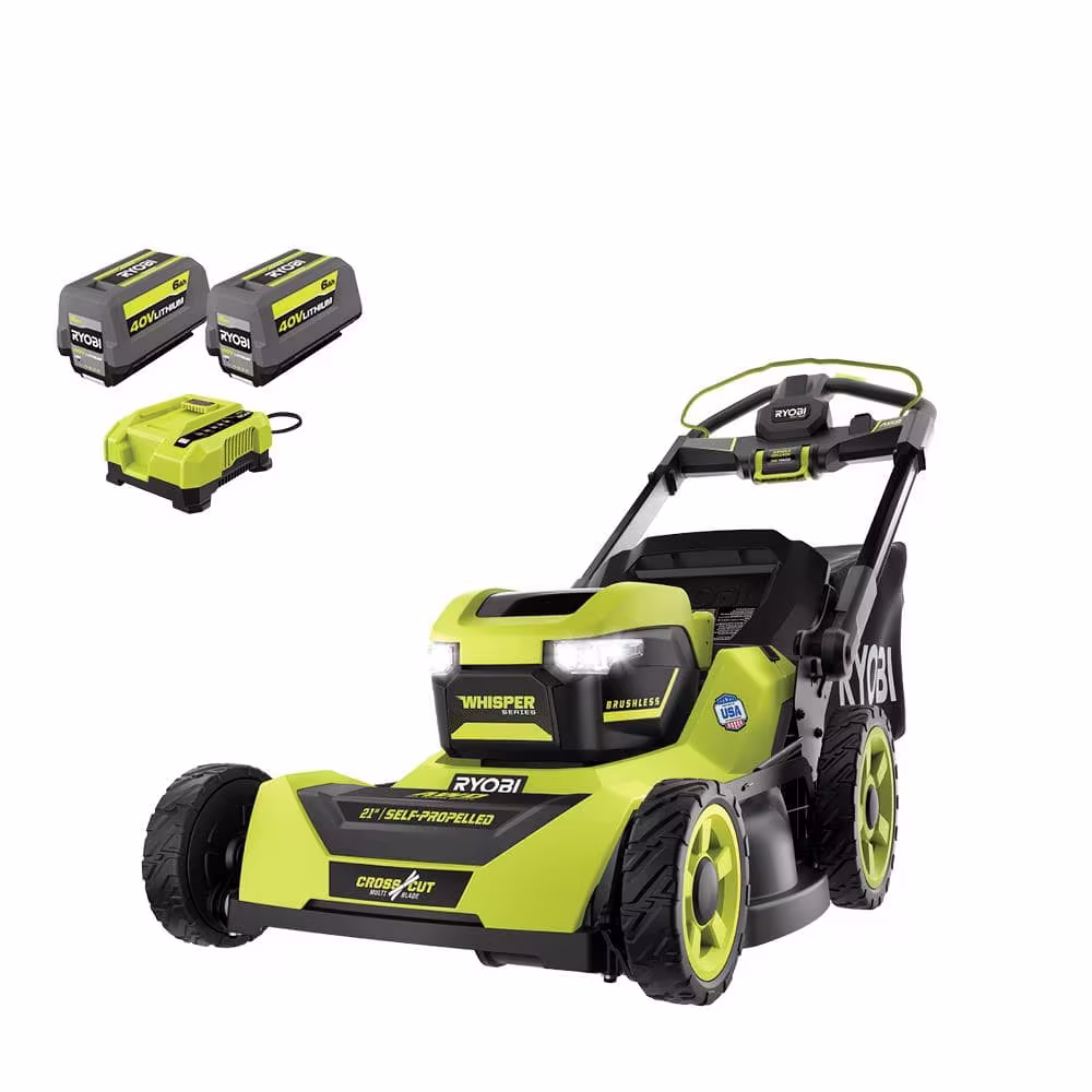 Ryobi 40V HP Brushless 21-in Self-Propelled AWD Lawn Mower — Whisper Series — Includes (2) 6.0Ah Batteries and Charger