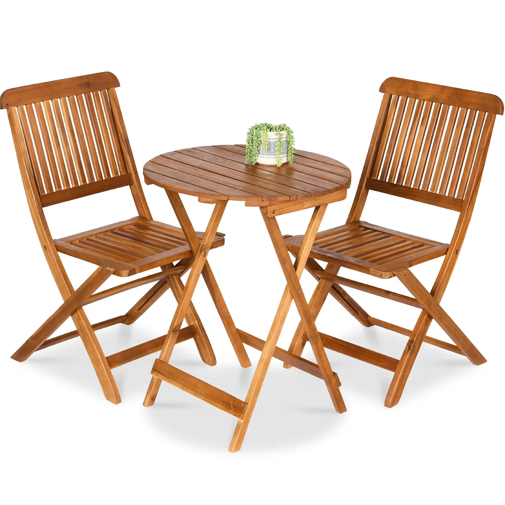 2026 NewBest Choice Products 3-Piece Acacia Wood Bistro Set, Folding Patio Furniture w/ 2 Chairs, Table - Natural