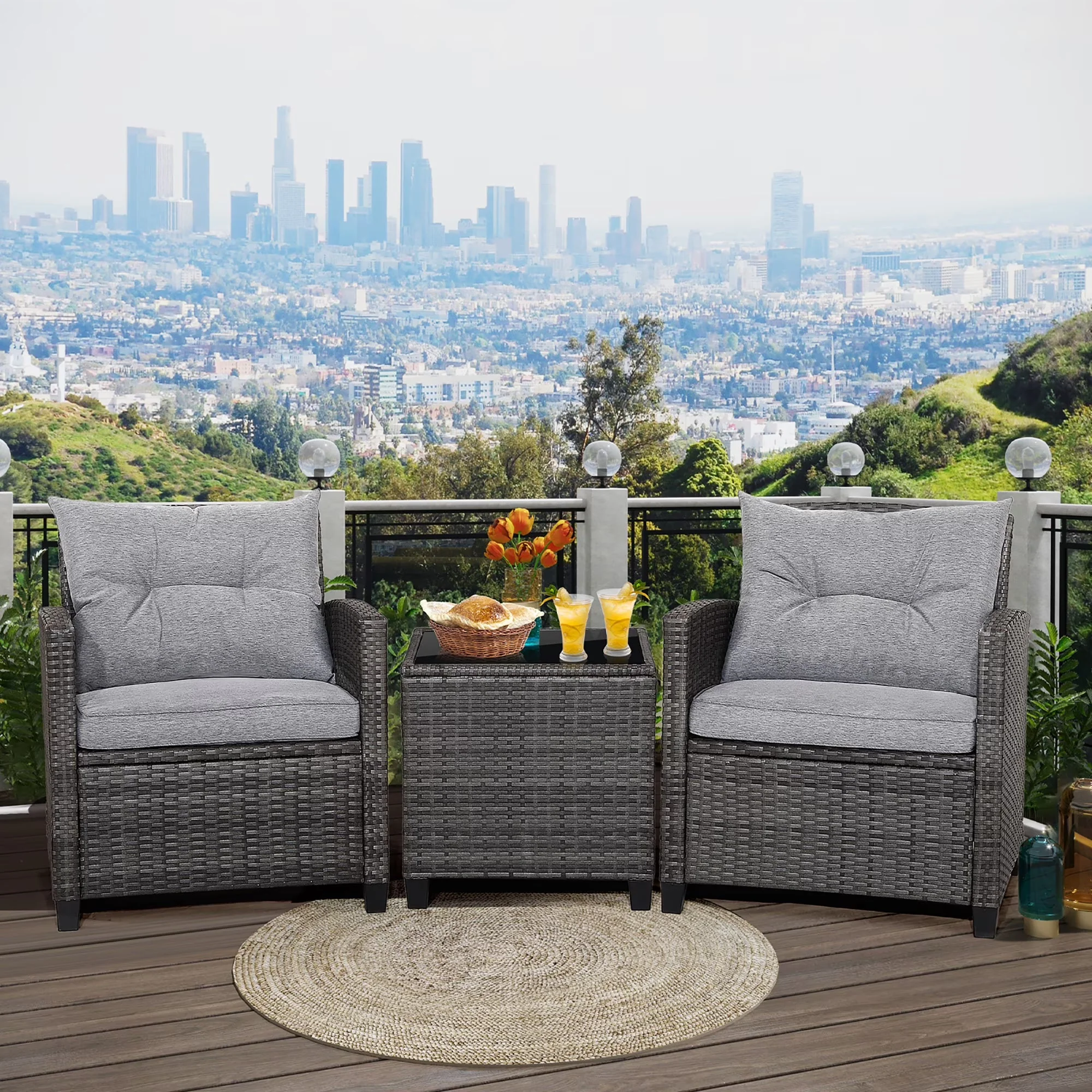 2026 NewGymax 3PCS Patio Rattan Sofa Set Outdoor Wicker Conversation Set Glass Tabletop w/ Grey Cushion