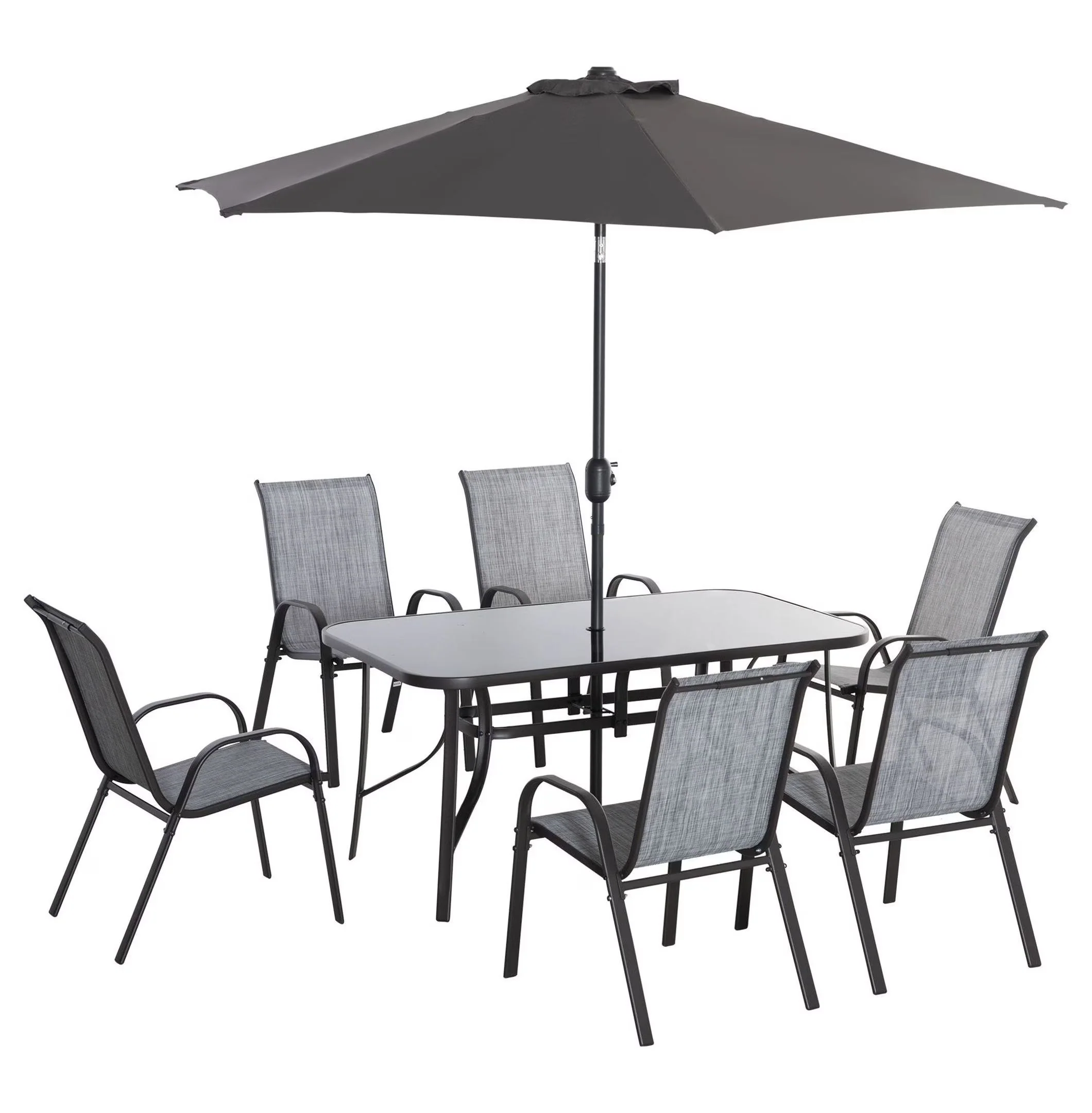 2026 New8-Piece Outdoor Dining Set with Umbrella, Patio Table and Chairs, Fast-Dry Fabric, 6 Chairs, Grey