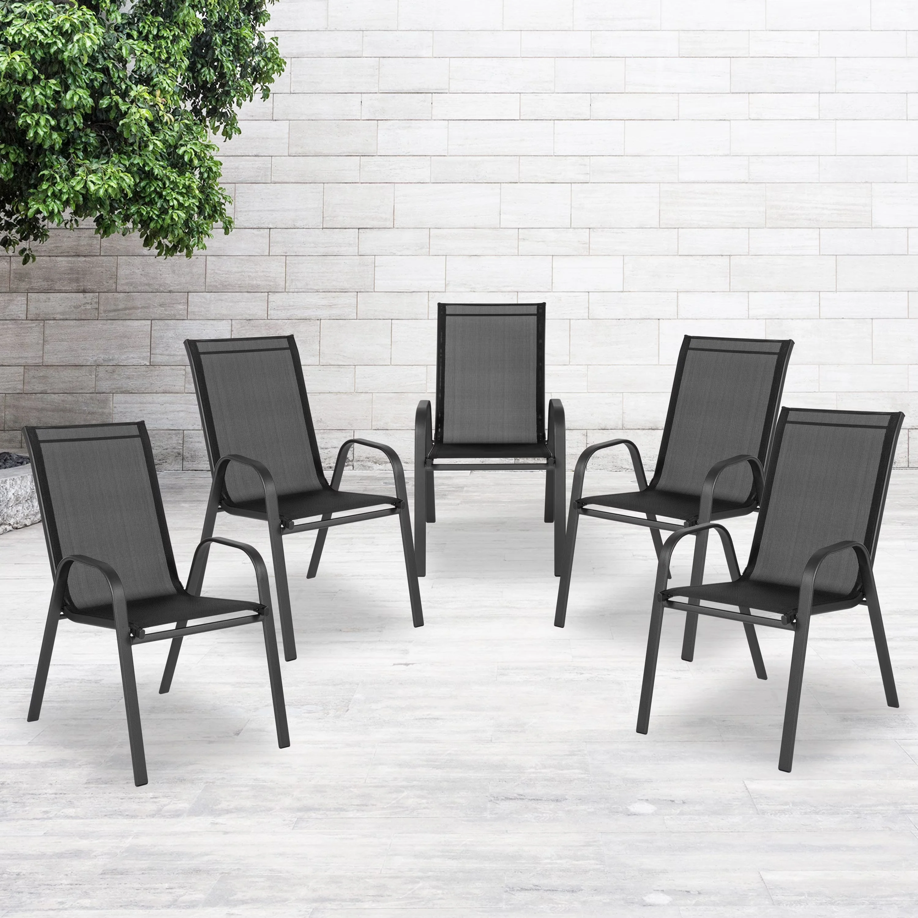 2026 NewBizChair 5 Pack Black Outdoor Stack Chair with Flex Comfort Material and Metal Frame