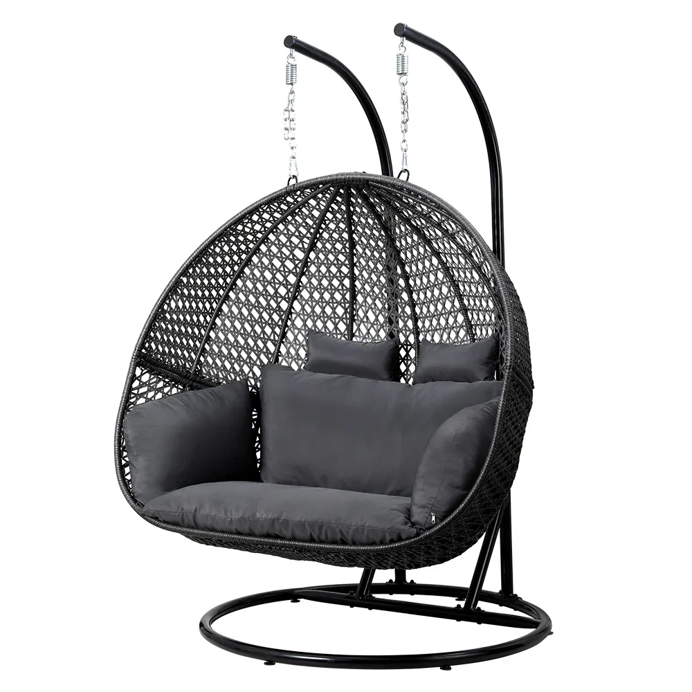 Gardeon Outdoor Egg Swing Chair Wicker Furniture Pod Stand Cushion 2 Seater Grey