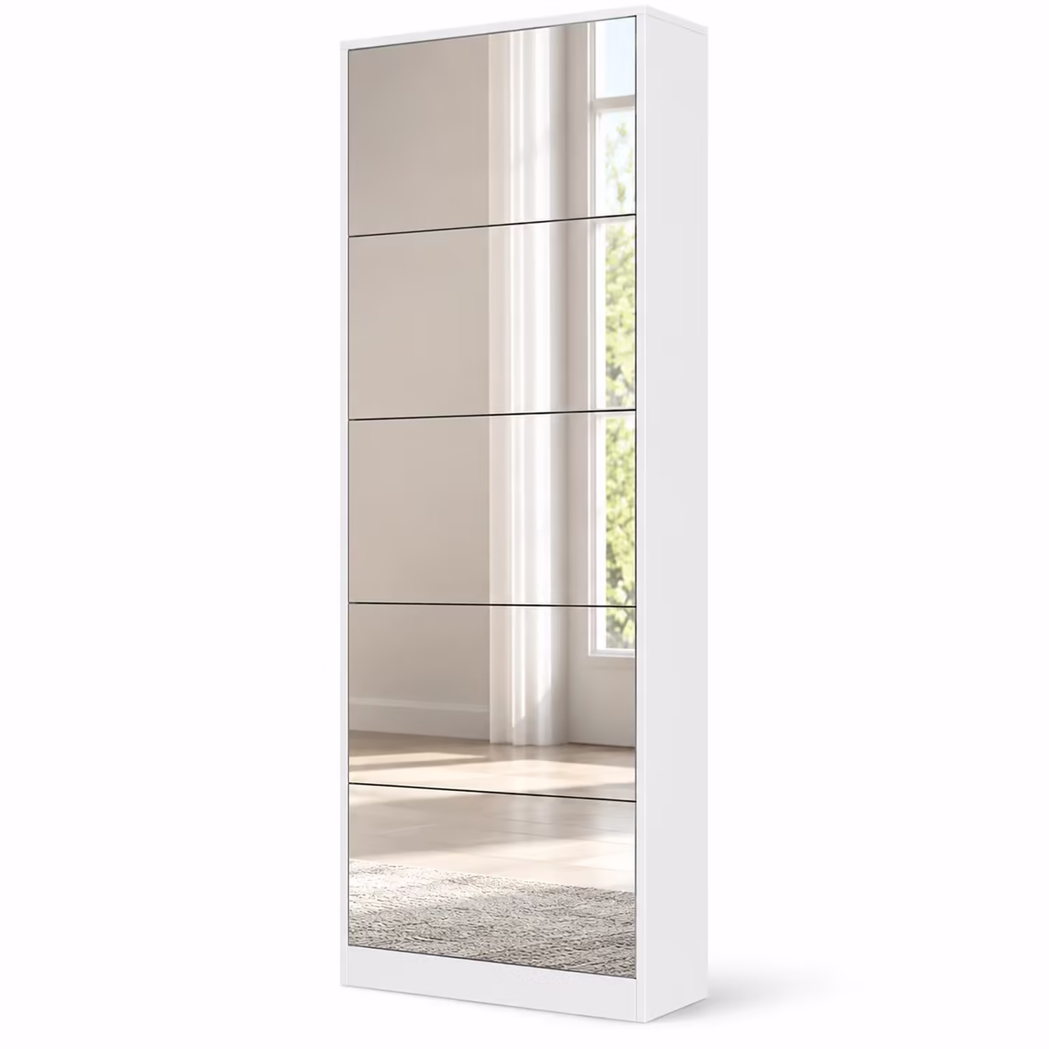 StylishGarments Five-Drawer Mirrored Shoe Cabinet in White