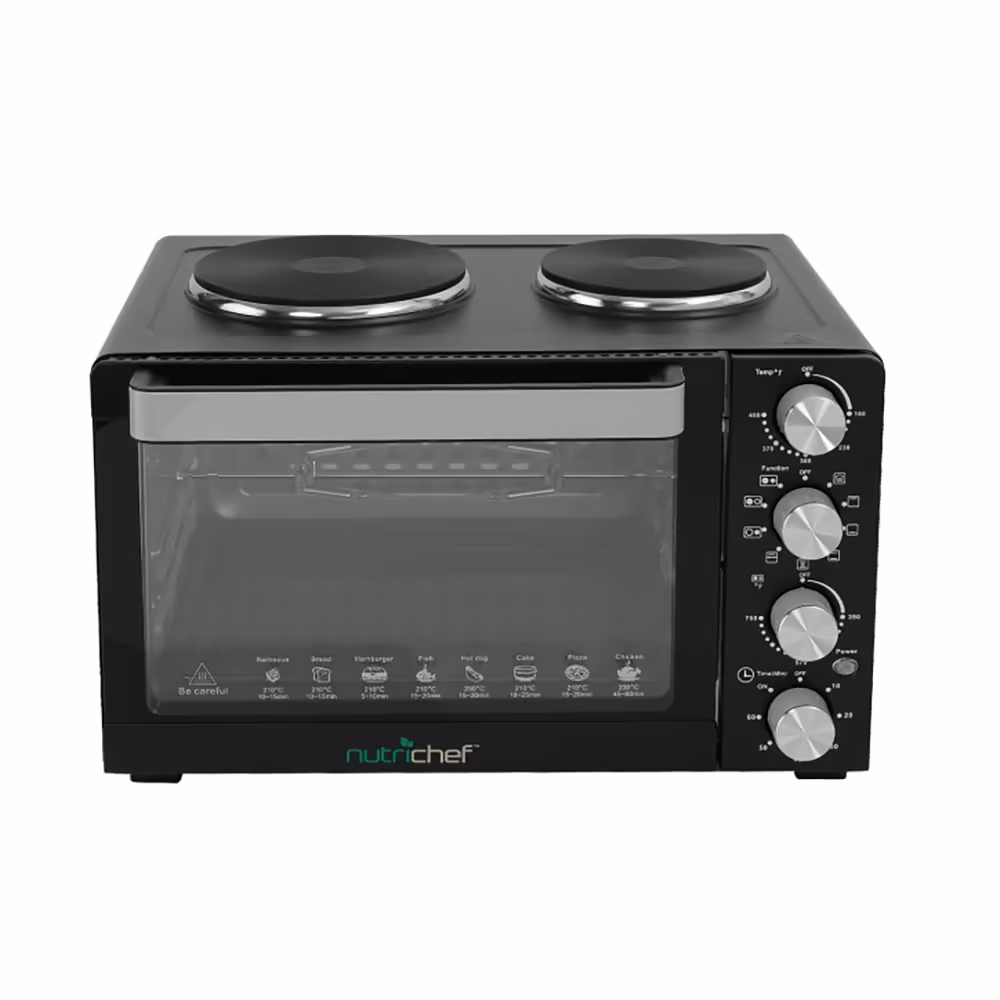 NutriChef 30 Quart Kitchen Convection Oven & 2 Burner Cooker - 1500 Watt Oven - 7 Cook Functions Rotisserie, Cook, Bake, Broil & More - Includes Baking Tray, Skewers & Handles - 19.6 x 16.0 x 13.5 IN
