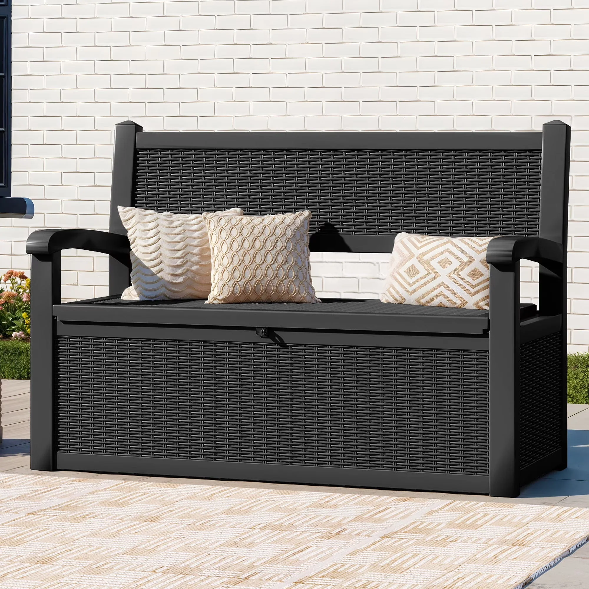 2026 NewModFusion 70-Gallon Outdoor Resin Storage Cabinet with Rattan Backrest �C Waterproof Patio Bench Seat, 500 lbs Capacity, Black