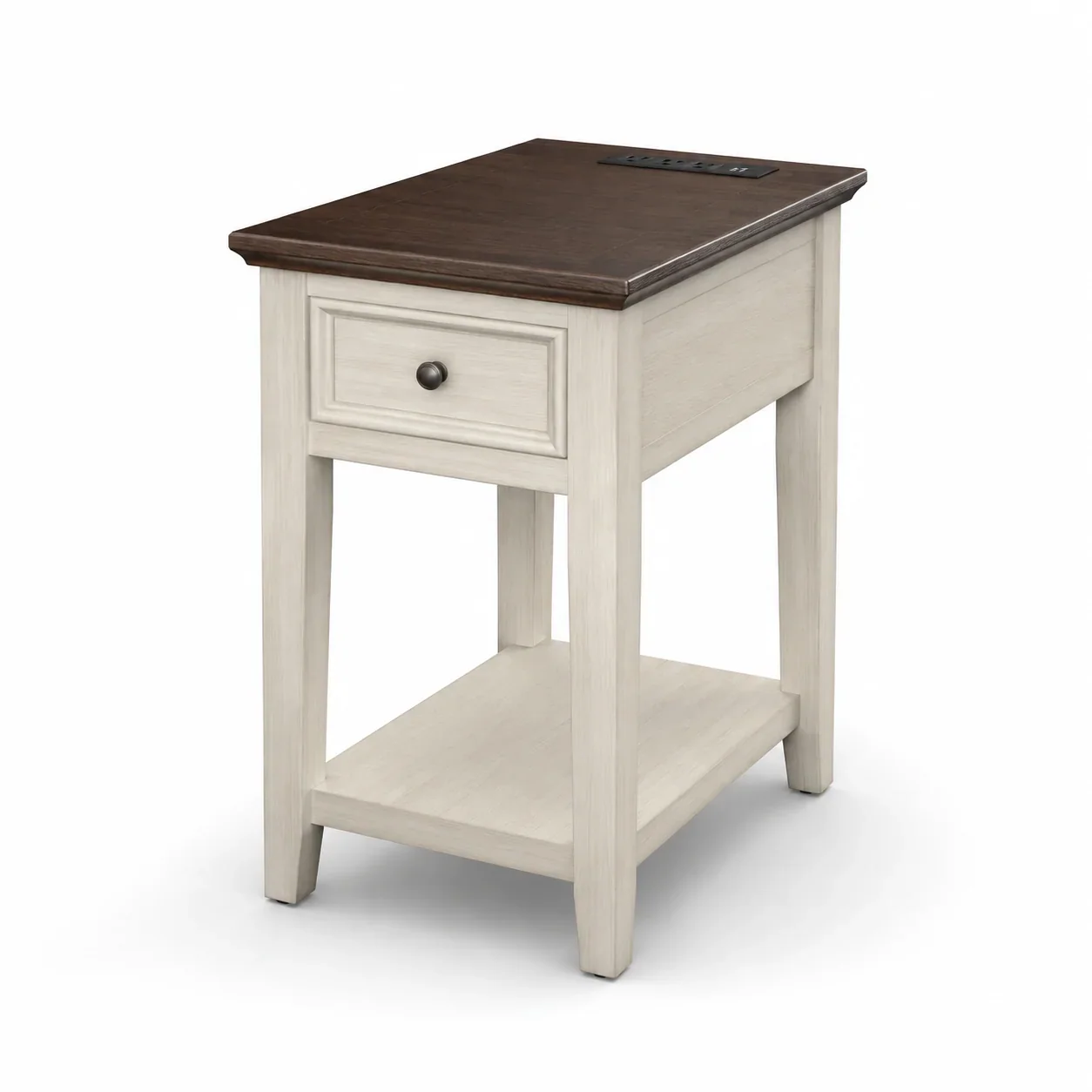 Narrow End Table with USB Charging, Drawer & Shelf, Farmhouse Style