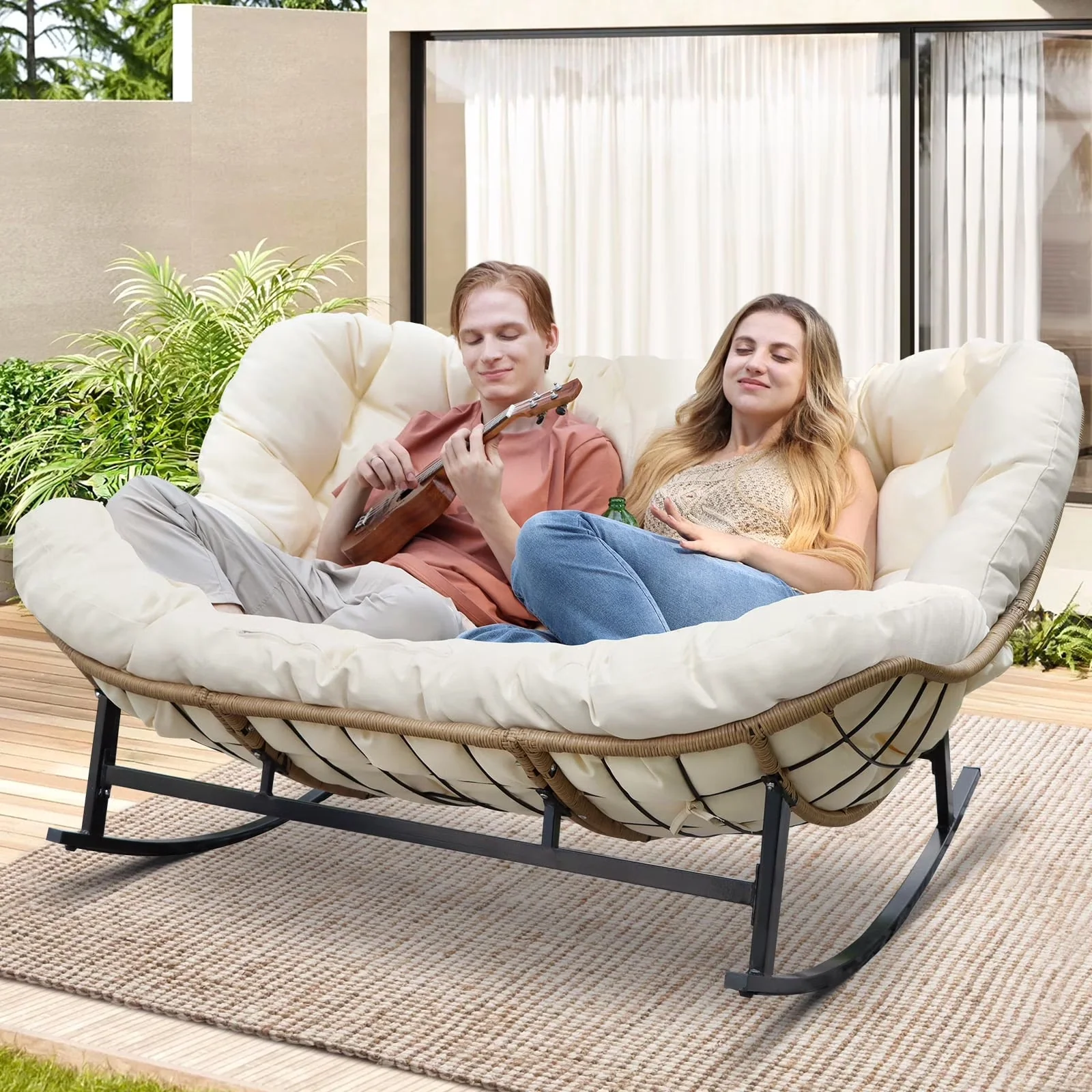 2026 NewRADIATA Beige Double Outdoor Rocking Chair, 2 Person Patio Rocking Egg Chair with Thick Cushion