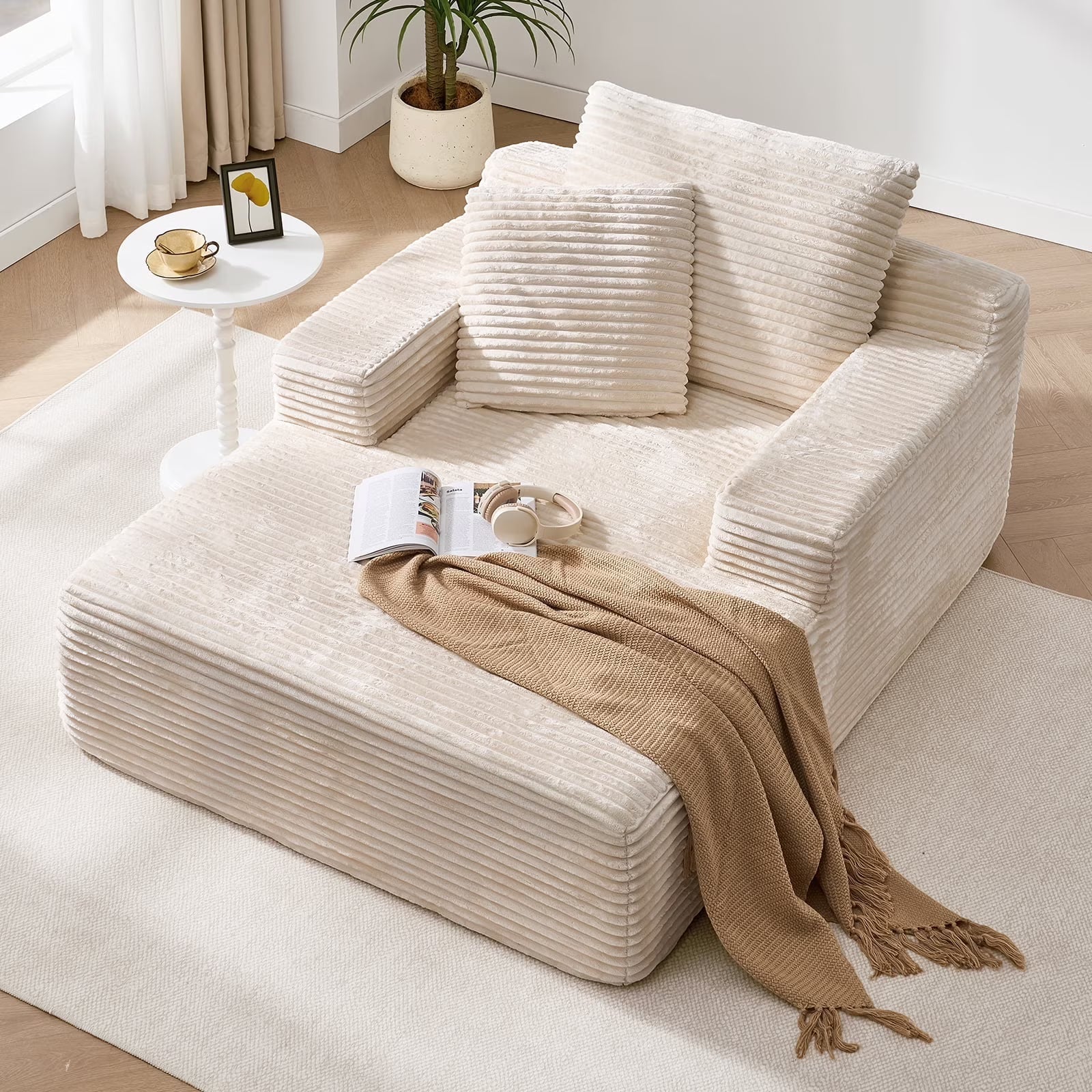 2026 New65" Corduroy Cloud Sleeper Chaise Lounge Chair, No Assembly Sofa Bed with Pillows, Beige