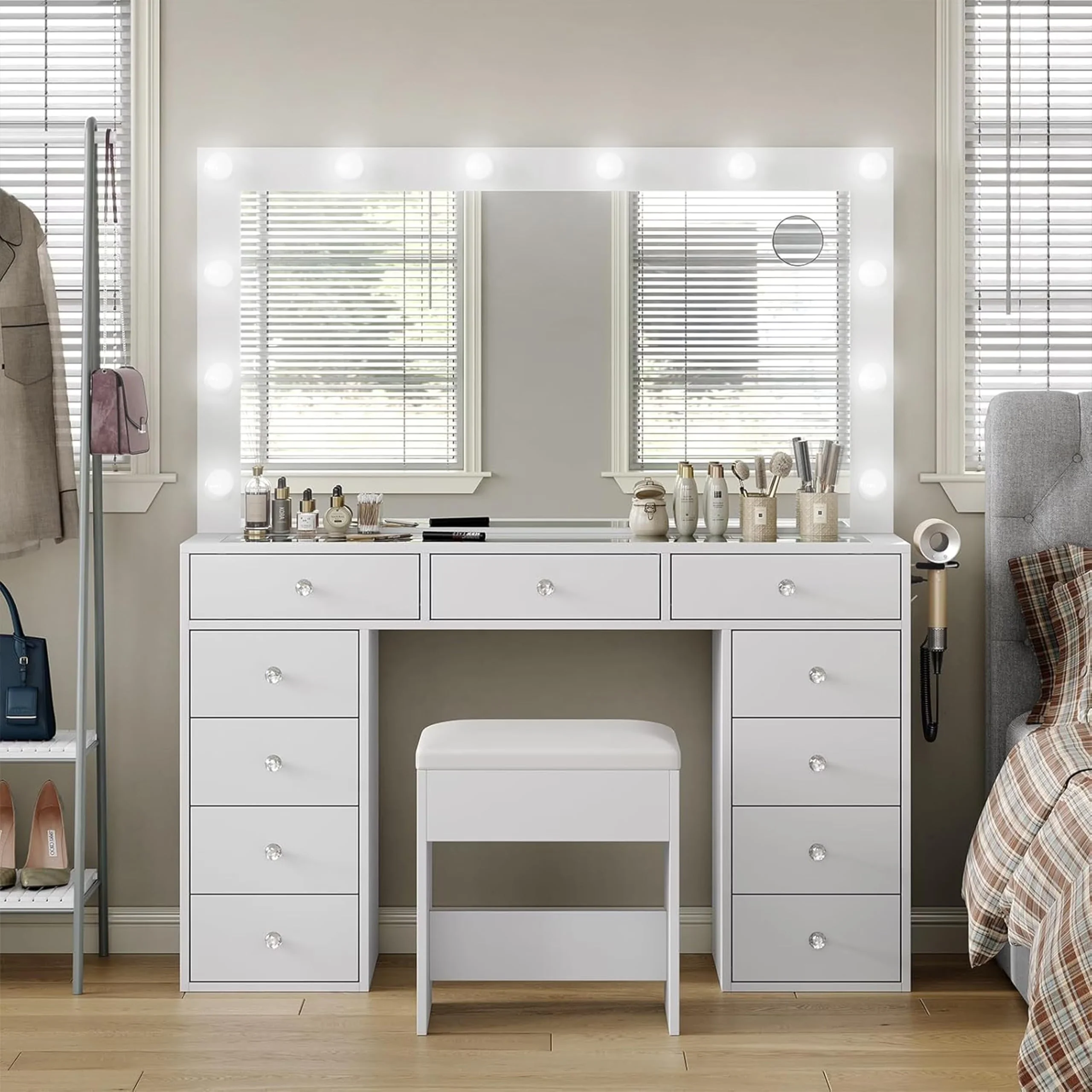 2026 NewWhite Vanity Desk with Illuminated Mirror & Power Outlet, 11 Drawers Vanity Table with Chair, Makeup Vanity with 12 LED Lights, Tempered Glass Top, Dressing Table for Bedroom,Dressing Room