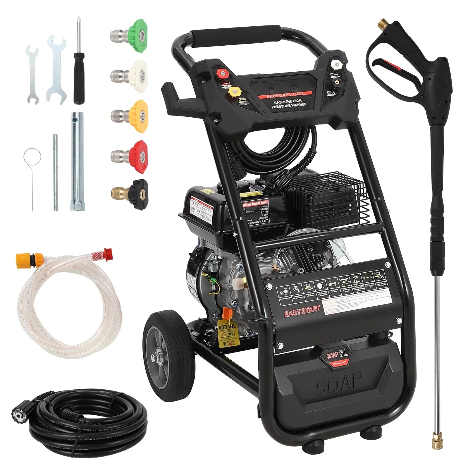 3600 PSI Gas Pressure Washer - 7HP Engine with Copper Pump, 5 Nozzles & 26ft Hose for Home and Auto Cleaning