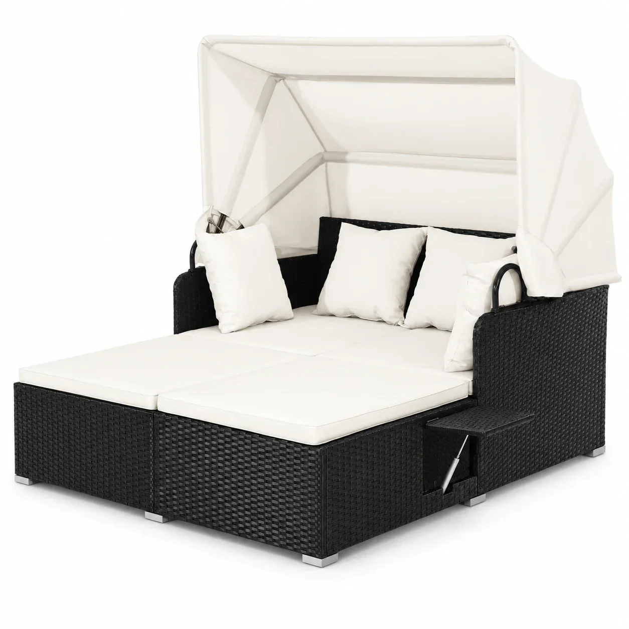 Gymax Patio Hand-Woven PE Wicker Daybed Outdoor Loveseat Sofa Set w/ Off White Cushions