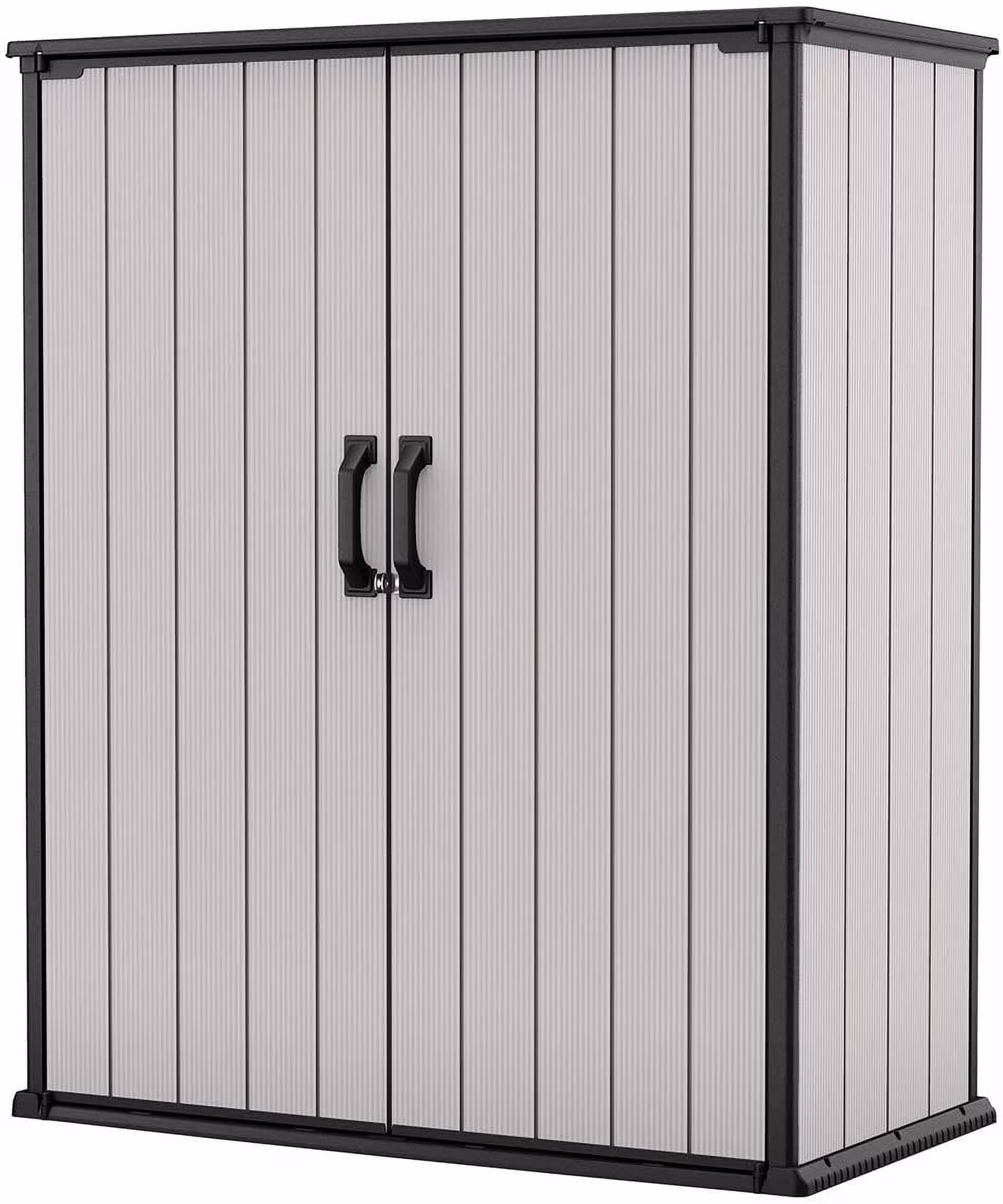 Keter Premier Tall Vertical Durable Resin Outdoor Storage Shed With Floor and Locking Double Doors, Grey