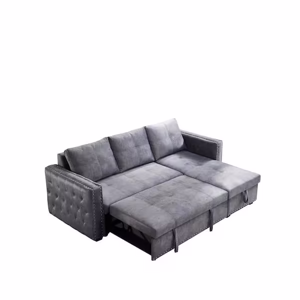Reversible 90.5in. Gray Velvet Sleeper Sectional Sofa L-Shape 3 Seat Sectional Couch with Storage