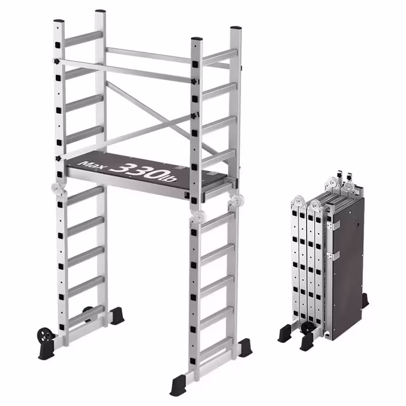 Foldable Scaffolding Ladder, Multipurpose Rolling Work Platform, Scaffold Tower, Ladder Stool Bench, Adjustable Platform, 330 Lbs Duty Rate