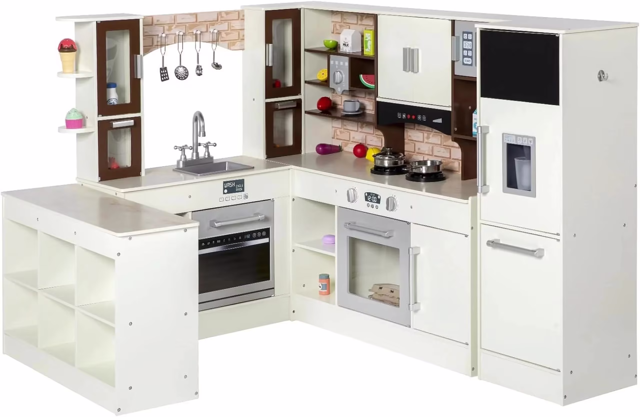 BRINJOY Kids Modular Wooden Kitchen Playset with Light & Sound, Corner Kitchen, Fridge & Storage – Perfect Gift for Toddlers
