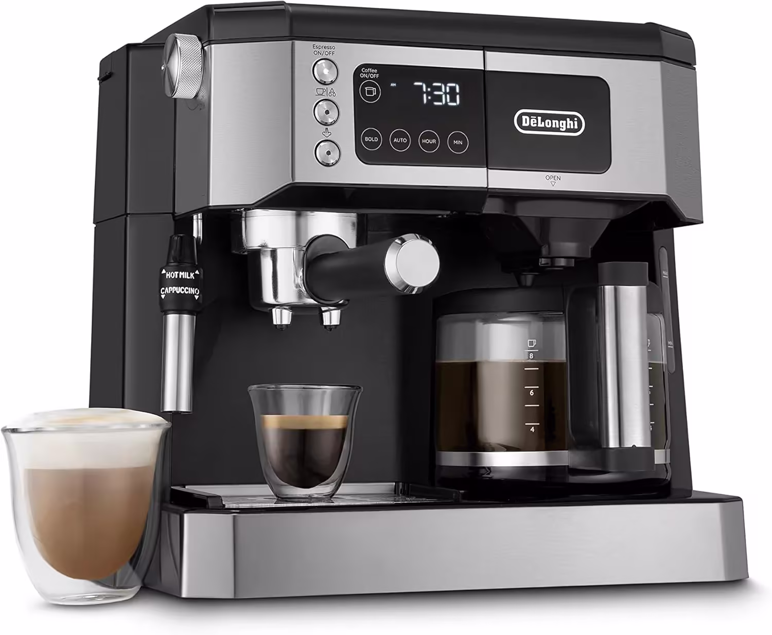 De'Longhi UPGRADED All-in-One Combination Coffee Maker & Espresso Machine + Advanced Adjustable Milk Frother for Cappuccino & Latte + Glass Coffee Pot 10-Cup, COM532M black