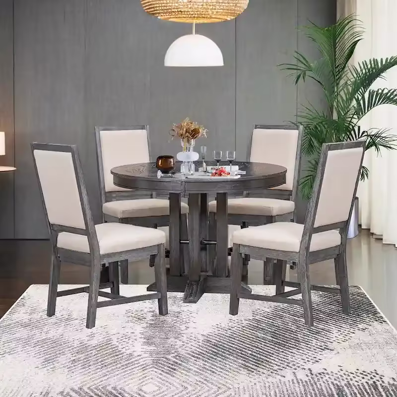 5-Piece Dining Set Extendable Round Table and 4 Upholstered Chairs Farmhouse Dining Set for Kitchen, Dining Room