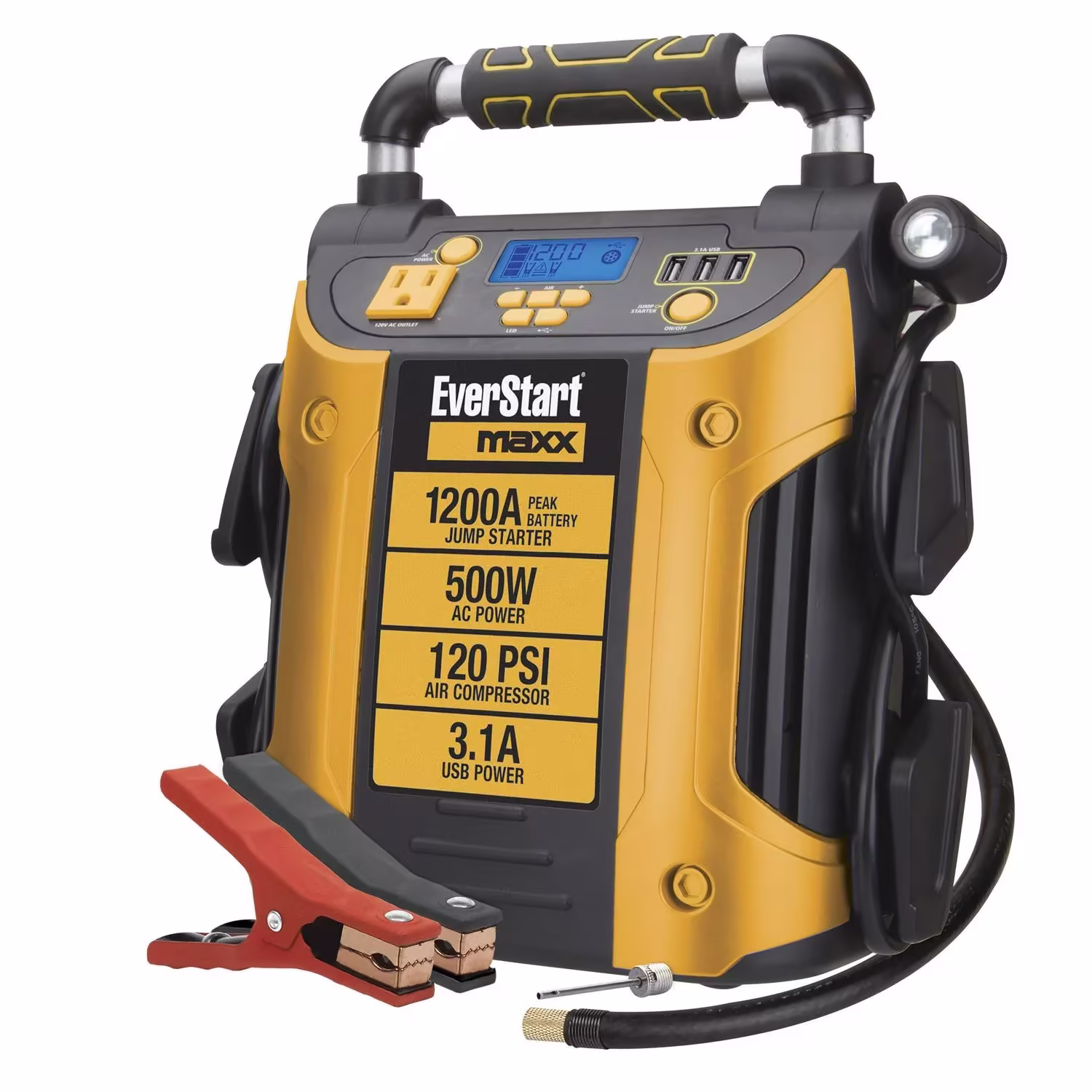 J5CPDE Jump Starter, Power Station, 1200 Peak Battery Amps with 500W Inverter and 120 PSI Compressor