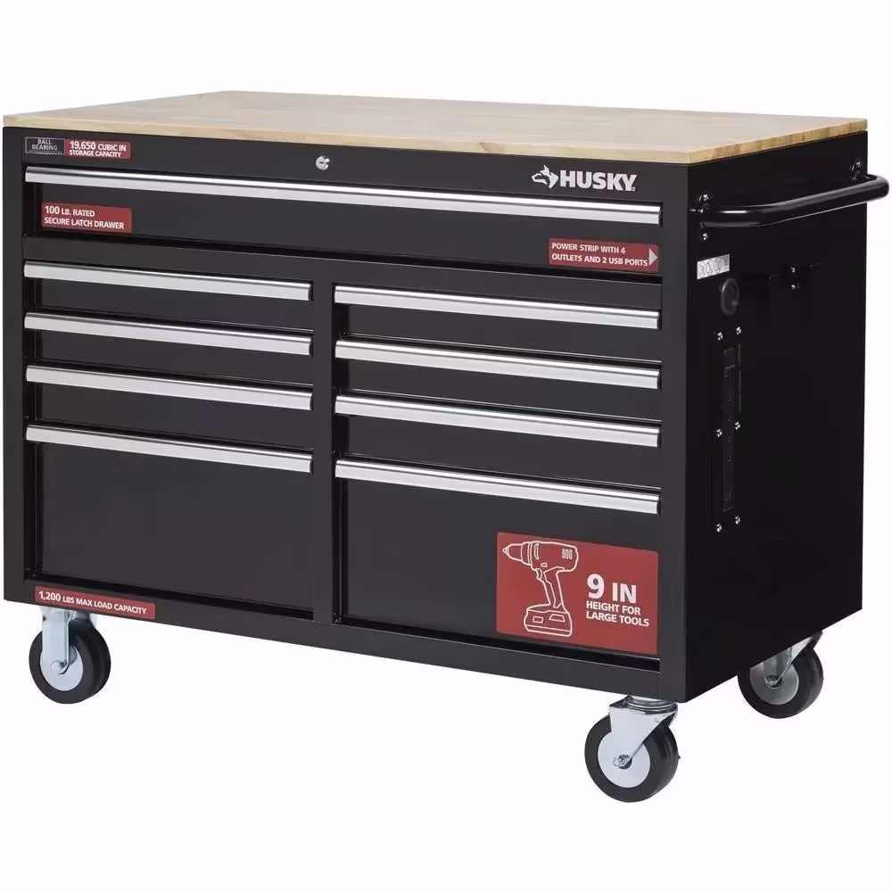Gloss Black 46′′ 9-Drawer Mobile Tool Chest Workbench with Power Strip & Solid Wood Top
