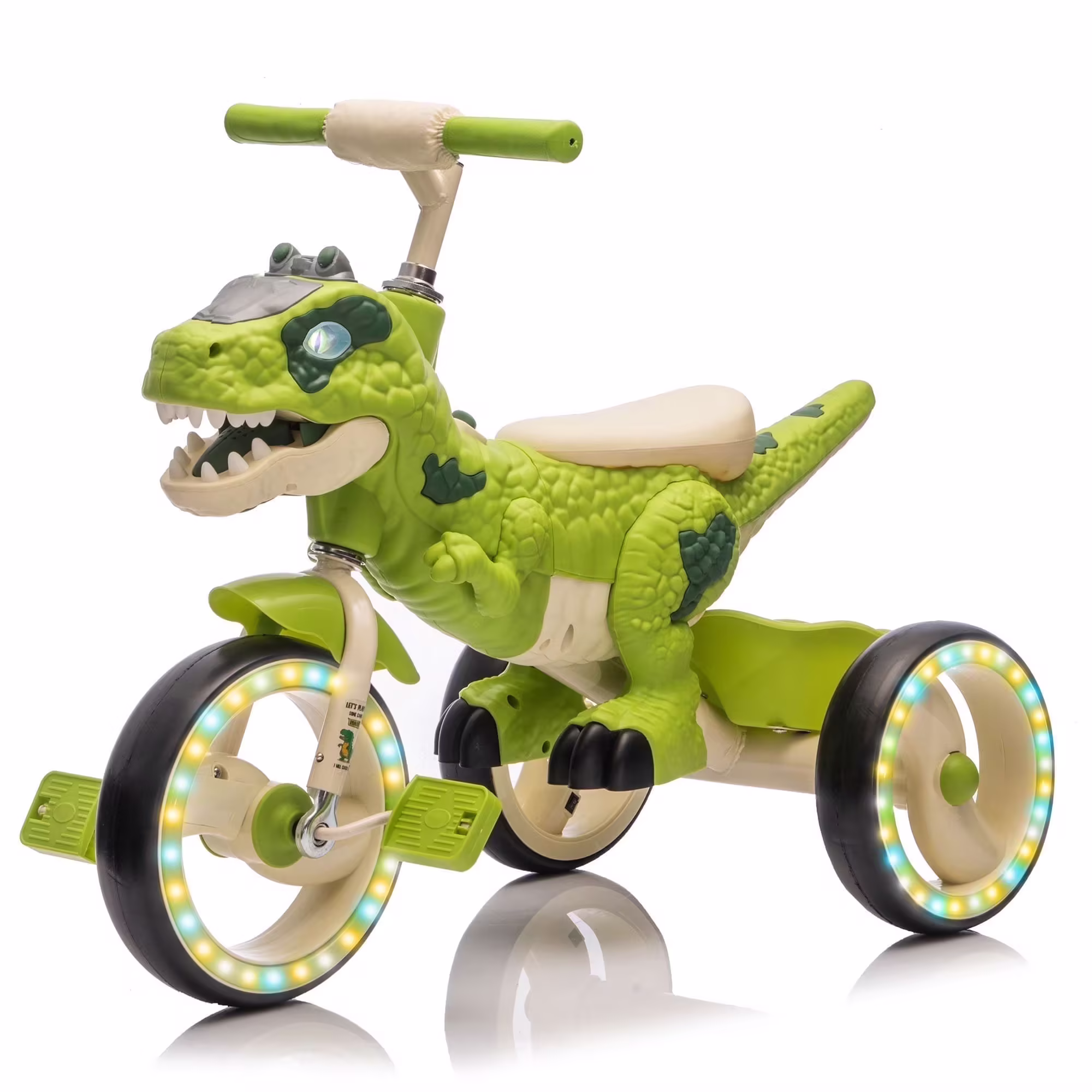 Xuanlur Kids Ride on Dinosaur Tricycle, Toddlers Kid Trike with Wide Flash Wheels, Anti-Slip Pedals, Rear Basket, Music & LED Lights, Toddler Bike Toys Gift for 3-6 Year Old Boys & Girls (Green)