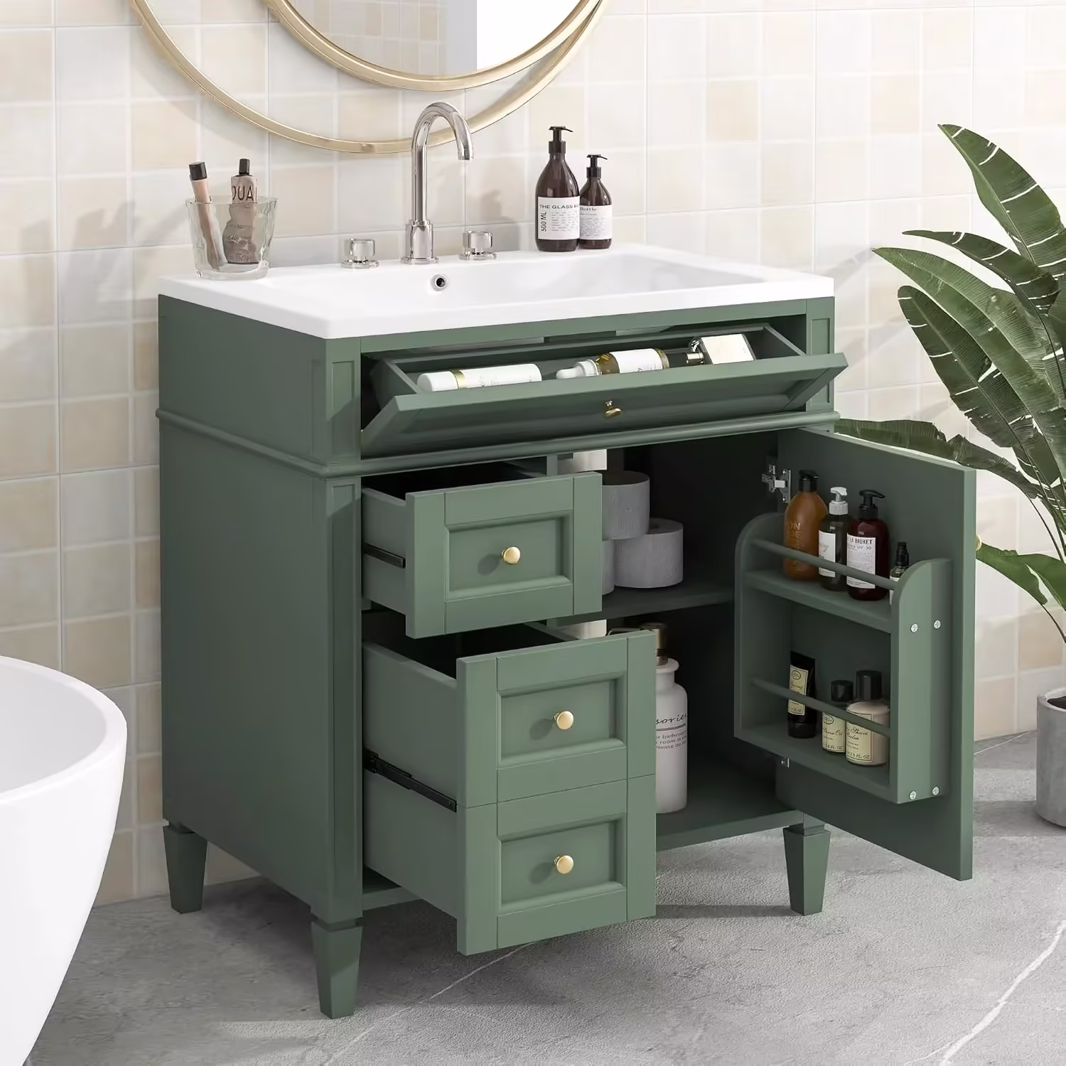 36" Bathroom Vanity with Single Sink Combo, Modern Undermount Bathroom Sink Cabinet with 2 Drawers and a Tip-Out Drawer, Freestanding Bathroom Vanities, Soft Closing, Solid Wood Frame