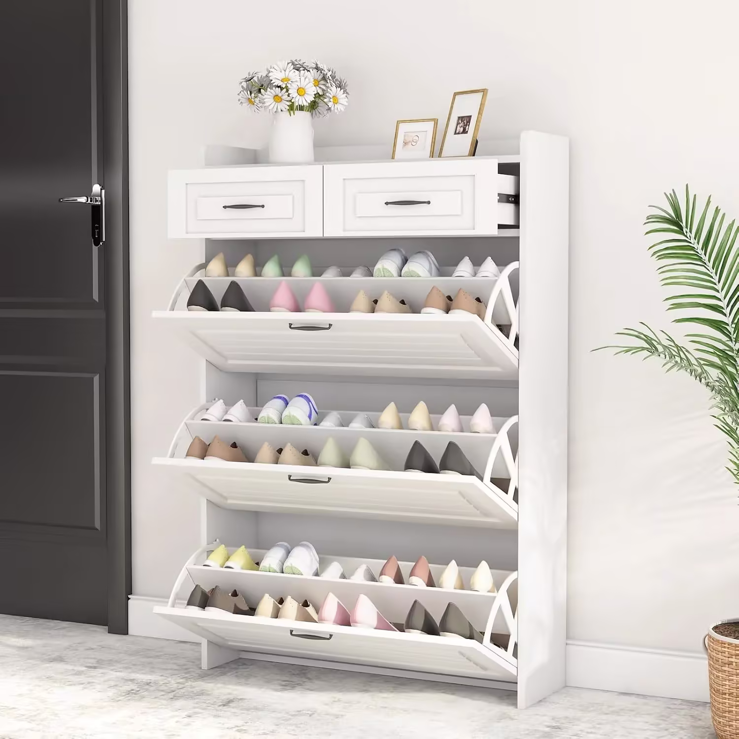 Shoe Cabinet with 3 Large Flip Drawers & 2 Storage Drawers, Narrow Shoe Organizer Cabinet Fits