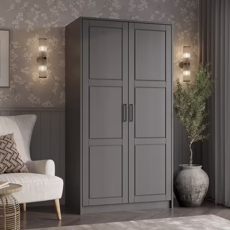 Palace Imports 100% Solid Wood 2-Door Urban Wardrobe Armoire with Solid and Mirrored Doors