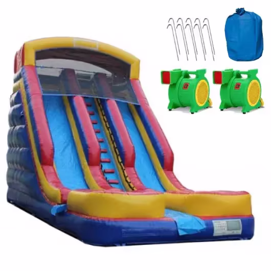 20-foot high inflatable double slide with pool and drying area
