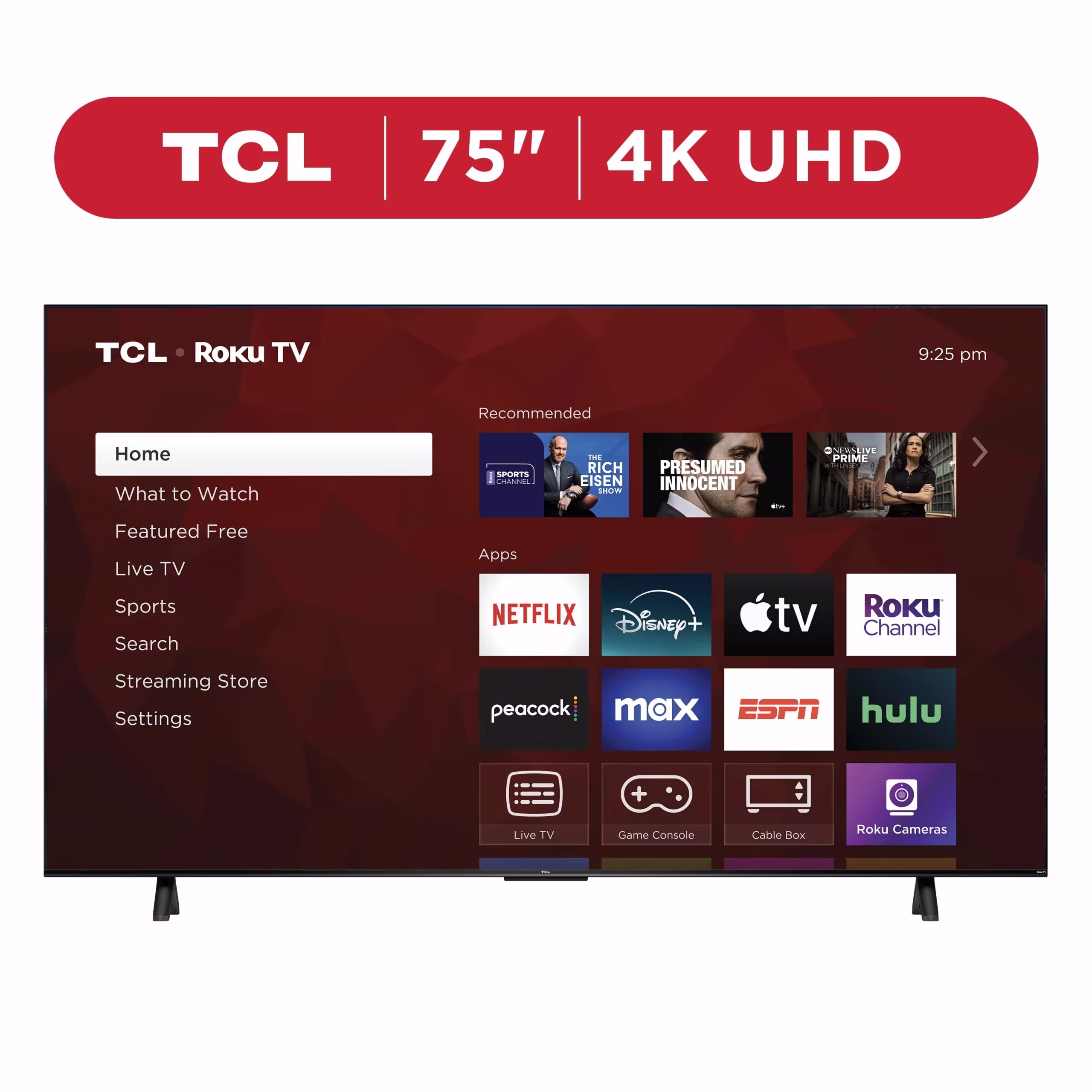 TCL 75′′ 4-Series 4K UHD HDR Smart TV with Roku, Voice Control, AirPlay, & Customizable Home Screen
