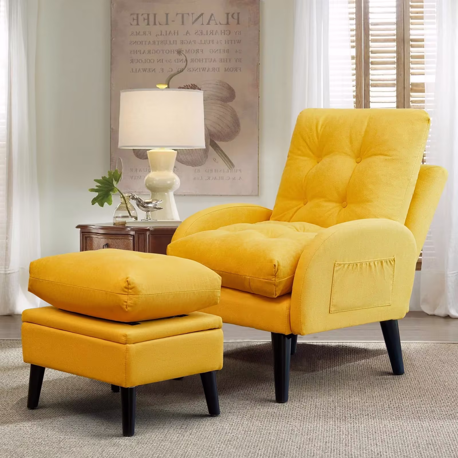 July's Song Accent Chair with Ottoman with Adjustable Backrest,Comfy Read Chair for Living Room with Side Pocket,Recliner Armchair and Ottoman for Bedroom,Yellow