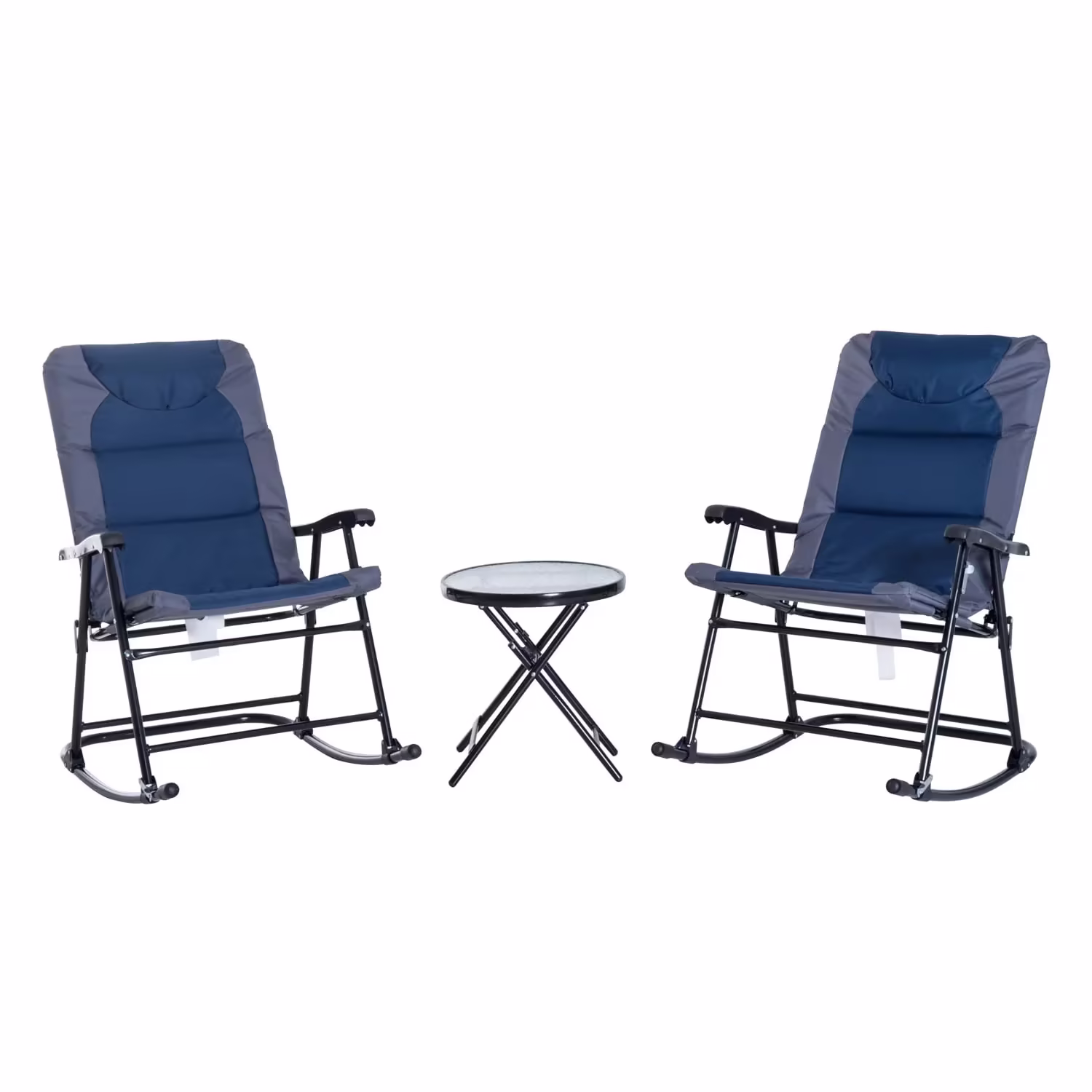 Outsunny 3 Piece Outdoor Patio Furniture Set with Glass Coffee Table & 2 Folding Padded Rocking Chairs, Bistro Style for Porch, Camping, Balcony, Blue