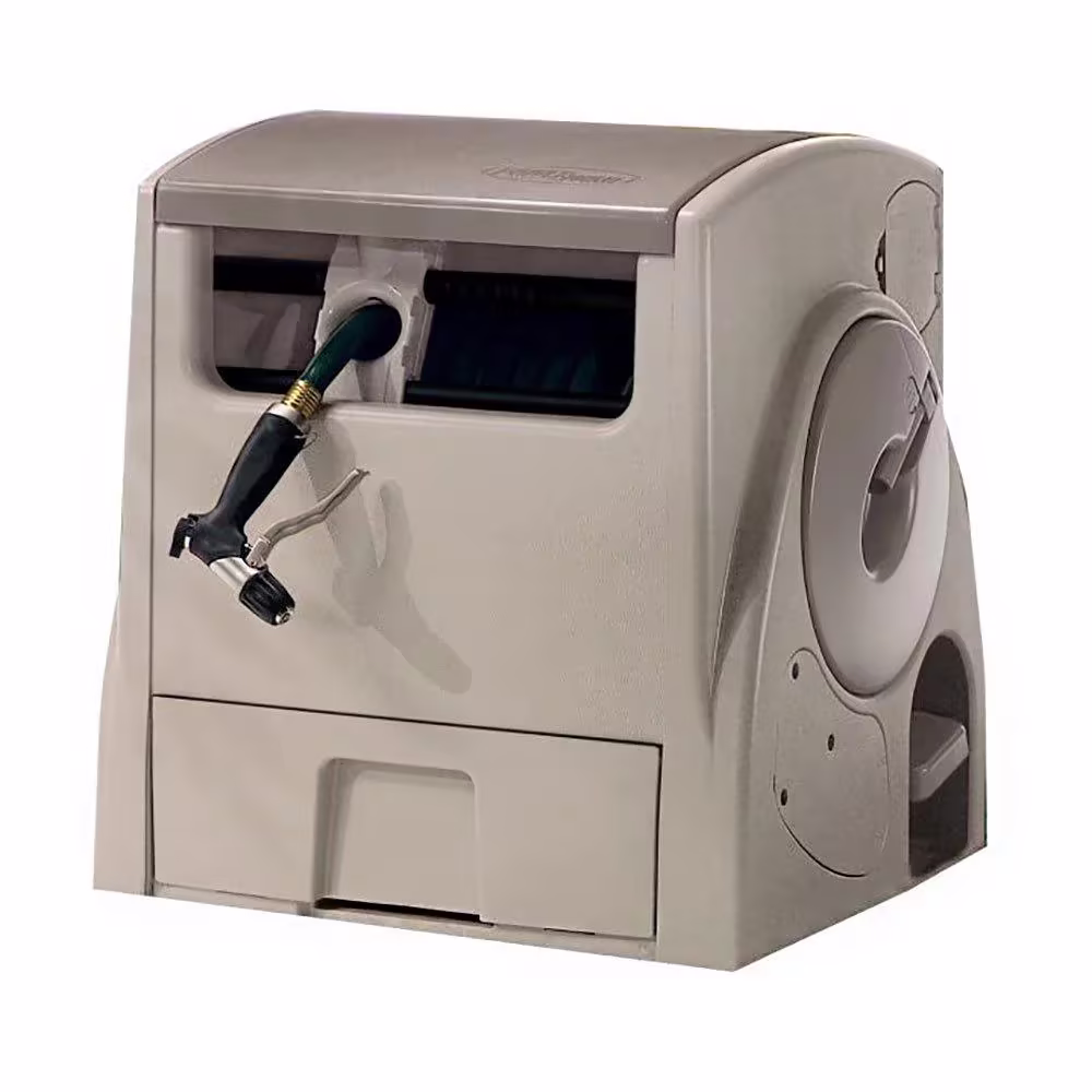 Suncast 100 ft. Powerwind Auto Power Rewind Hose Reel, Light Taupe