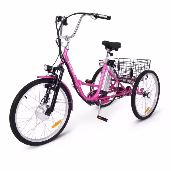 Electric Tricycle for Adults, 7 Speeds Folding Electric Trike, 24 Inch 3 Wheel Motorized Bicycle w/ 36V 10Ah Removable Battery, E Trikes with Large Basket, 330 Loading Capacity, 250W Motor, Pink