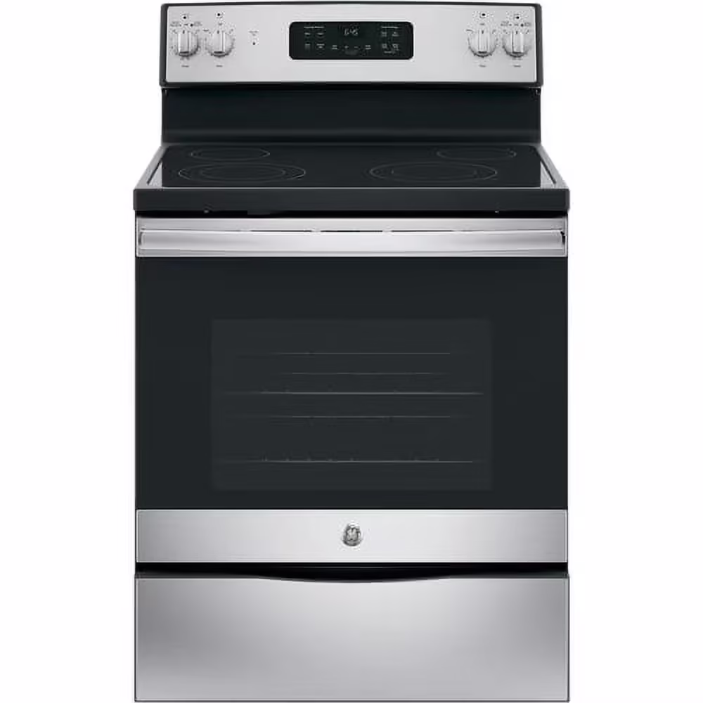 GE? Appliances 30??Free-Standing electric range model JB645RKSS in Stainless Steel. APPROXIMATE DIMENSIONS (HxWxD) 47 Height x 29 7/8 Width x 28 Dimension in. Two 9"/6" Power Boil elements, Self-clean oven and Dual-element Bake.