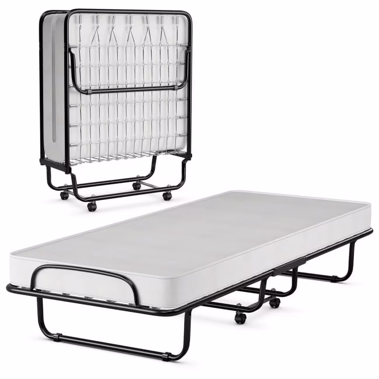 75" x 31" x 13" Folding Bed with Mattress, Rollaway Bed Metal Frame on Wheels, Portable Foldable Guest Bed for Adults, Cot Size Fold up Bed with Memory Foam Mattress