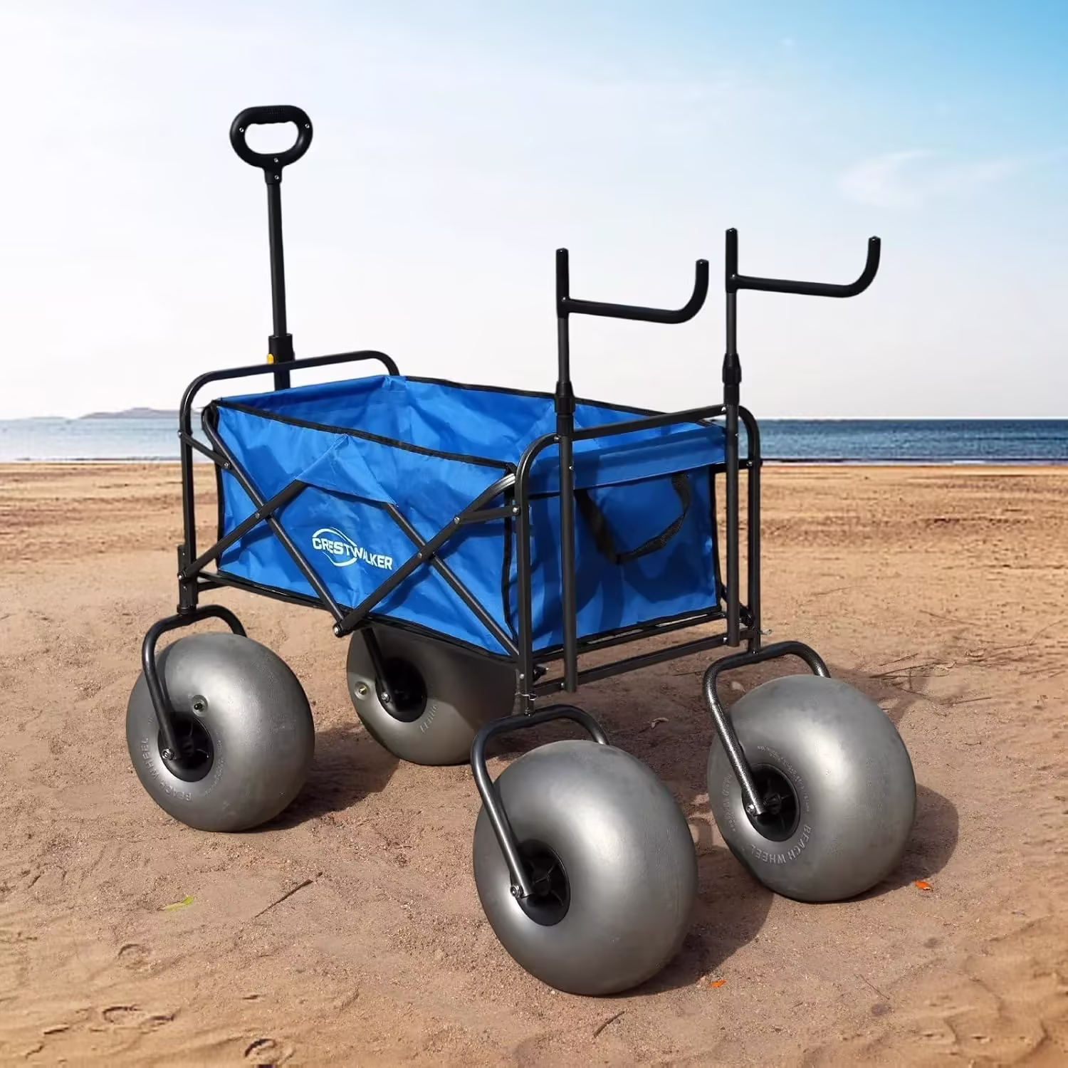 Beach cart with 13-inch balloon wheels, chair brackets and pump included