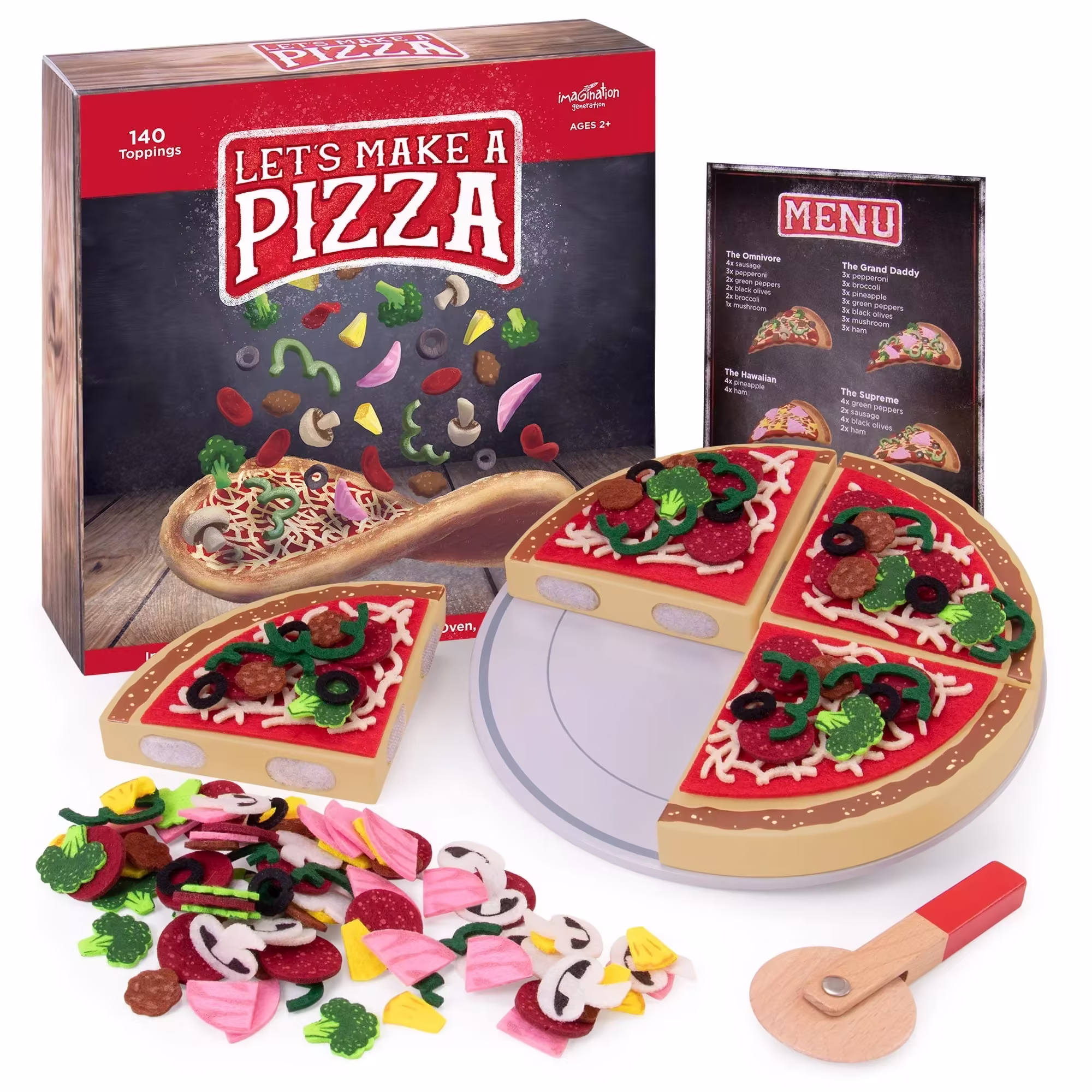 Make a Pizza - Pretend Food Playset with 4 Wooden Pie Slices, 140 Felt Toppings, Wood Roller, and 3-in-1 Cardboard Box Prep Station, Oven, & Serving Table - Cute Cooking Toys for Boys & Girls
