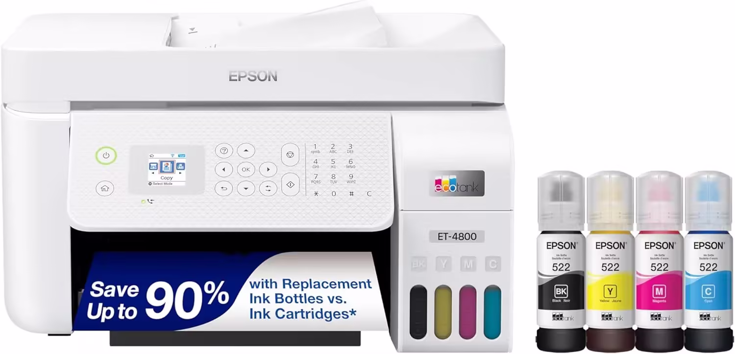 Epson EcoTank ET 4800 Wireless All in One Inkjet Printer, White &ndash; Cartridge Free, Scanner, Copier, Fax, ADF, Ethernet, Home Office