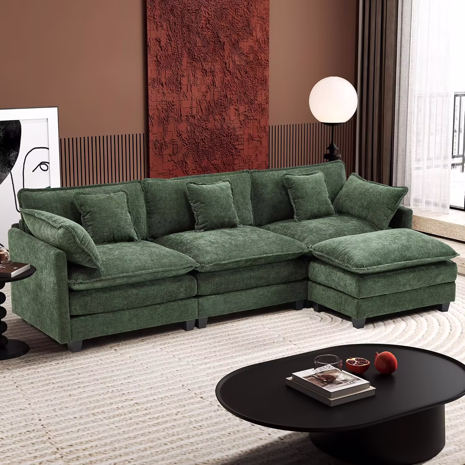 Ihanherry 146" U-Shaped Modern Sofa Modular Sectional Cloud Couch with 2 Ottoman, 6-Seat Chenille Deep Seat Sofa with 6 Pillows for Living Room, Bedroom and Apartment, Grey