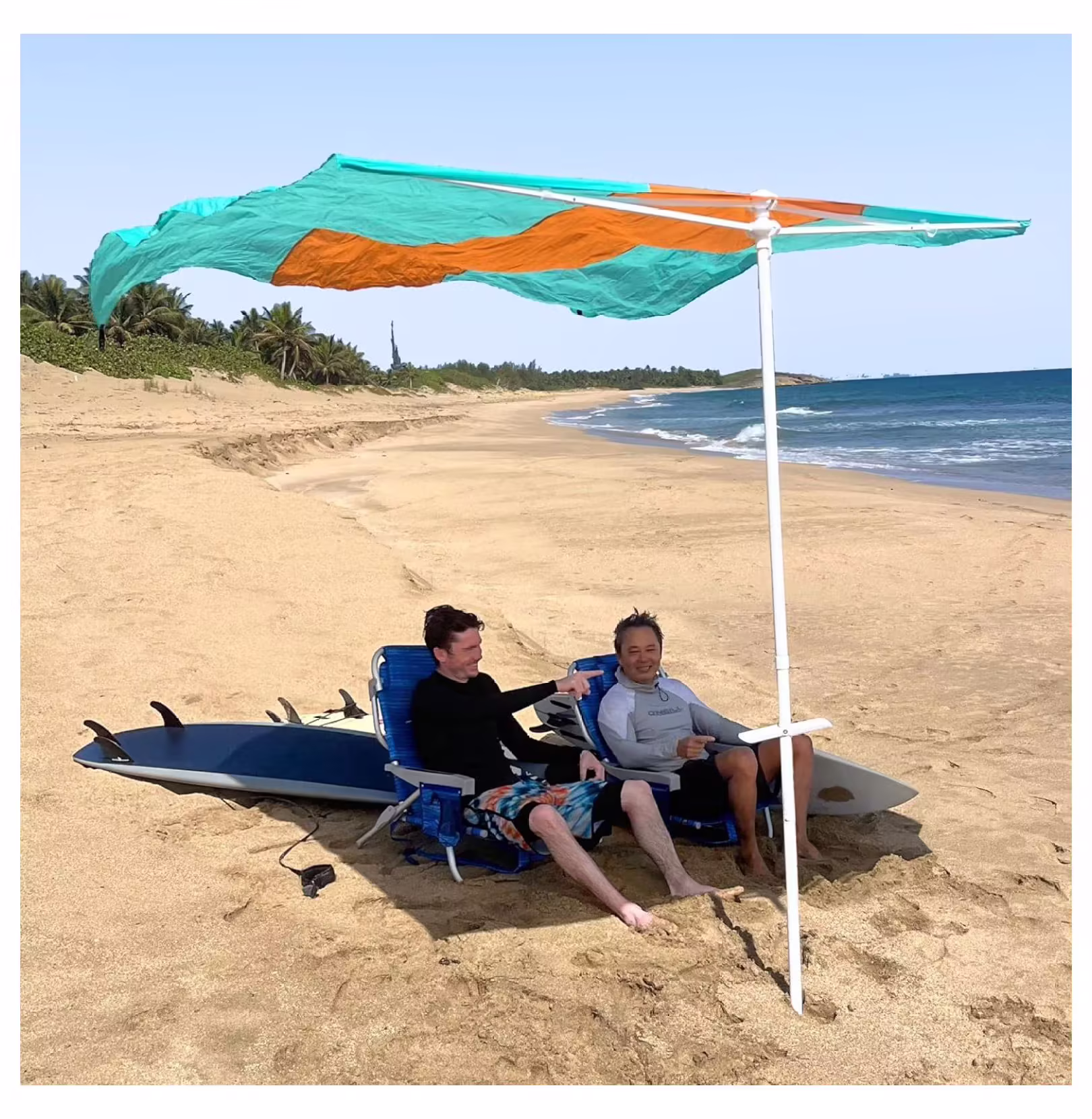 Flow Shade Beach Tent Wind Sun Canopy Portable Easy Set Up UPF 50+ No Assembly Requires 3-30 MPH - 1 to 4 People - 8 Foot X 8 Foot Fabric Top Orange and Blue