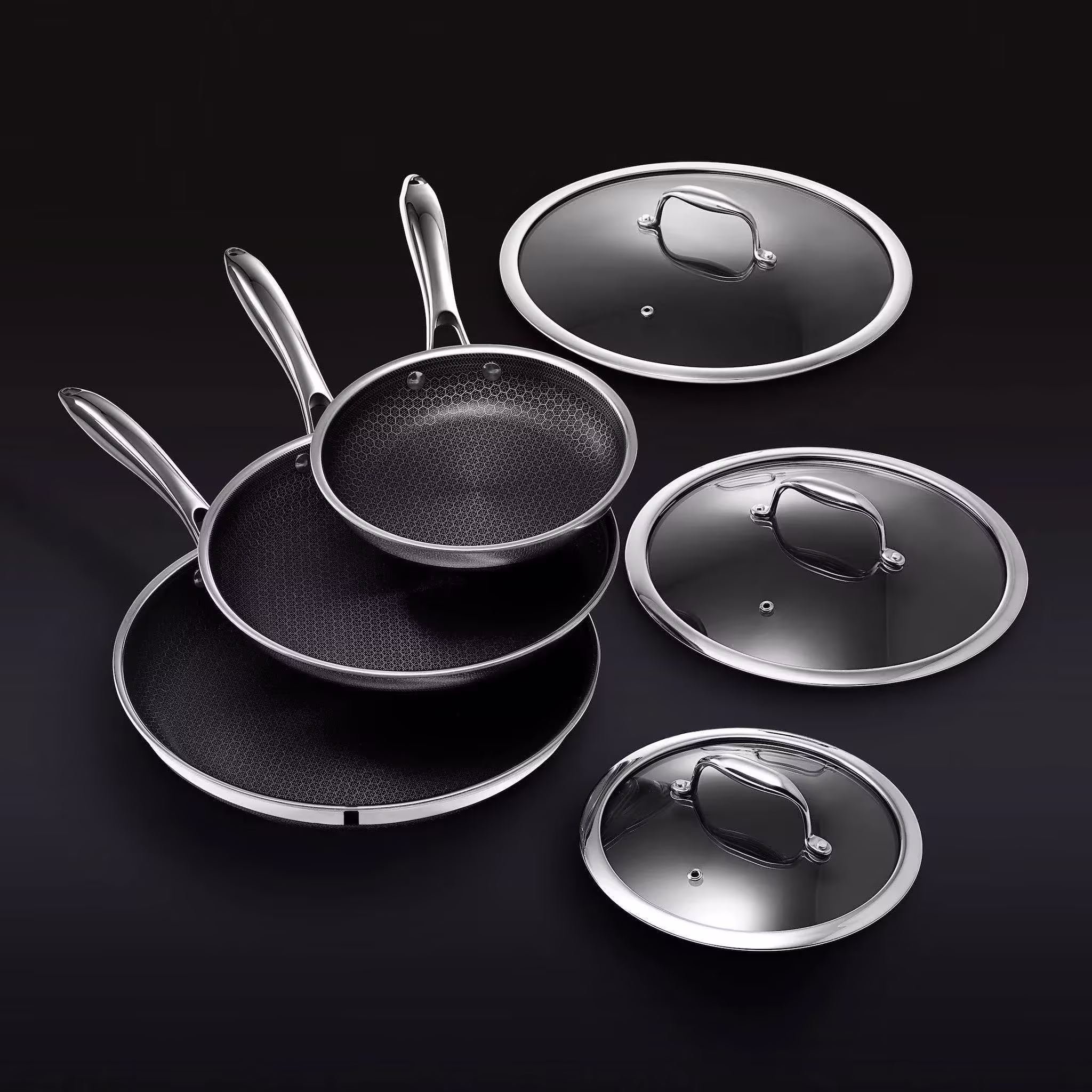HexClad 6 Piece Hybrid Stainless Steel Cookware Pan Set 8 inch 10 inch 12 inch with Glass Lids Size: One size Black