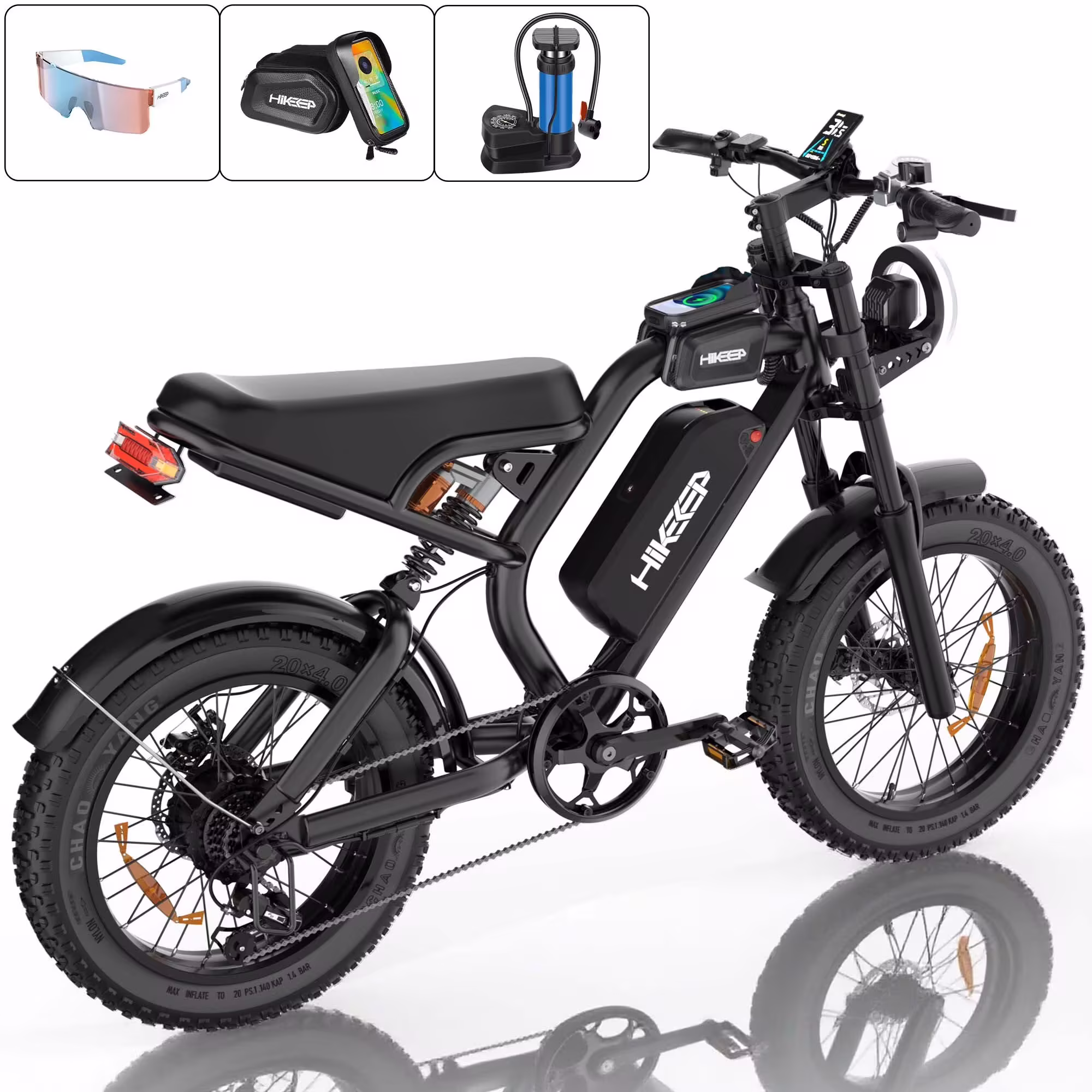 HiKeep 1500W Peak Electric Bike, 20" Fat Tire Ebike, 48V 15Ah Battery, E-Mountain Bike, w/ Bag, Pump & Glasses