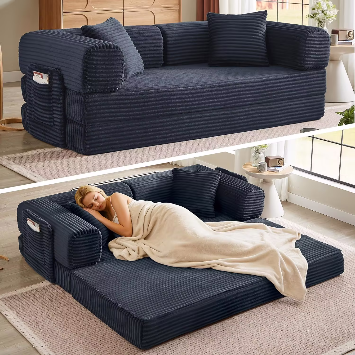 Boneless Couch Folding Couches for Living Room Sofa, Futon Sofa Bed with Sleeper Sofa, Futon Couch with Fixed-Shape Oversized Corduroy Upholstered (White, 81 Inches)