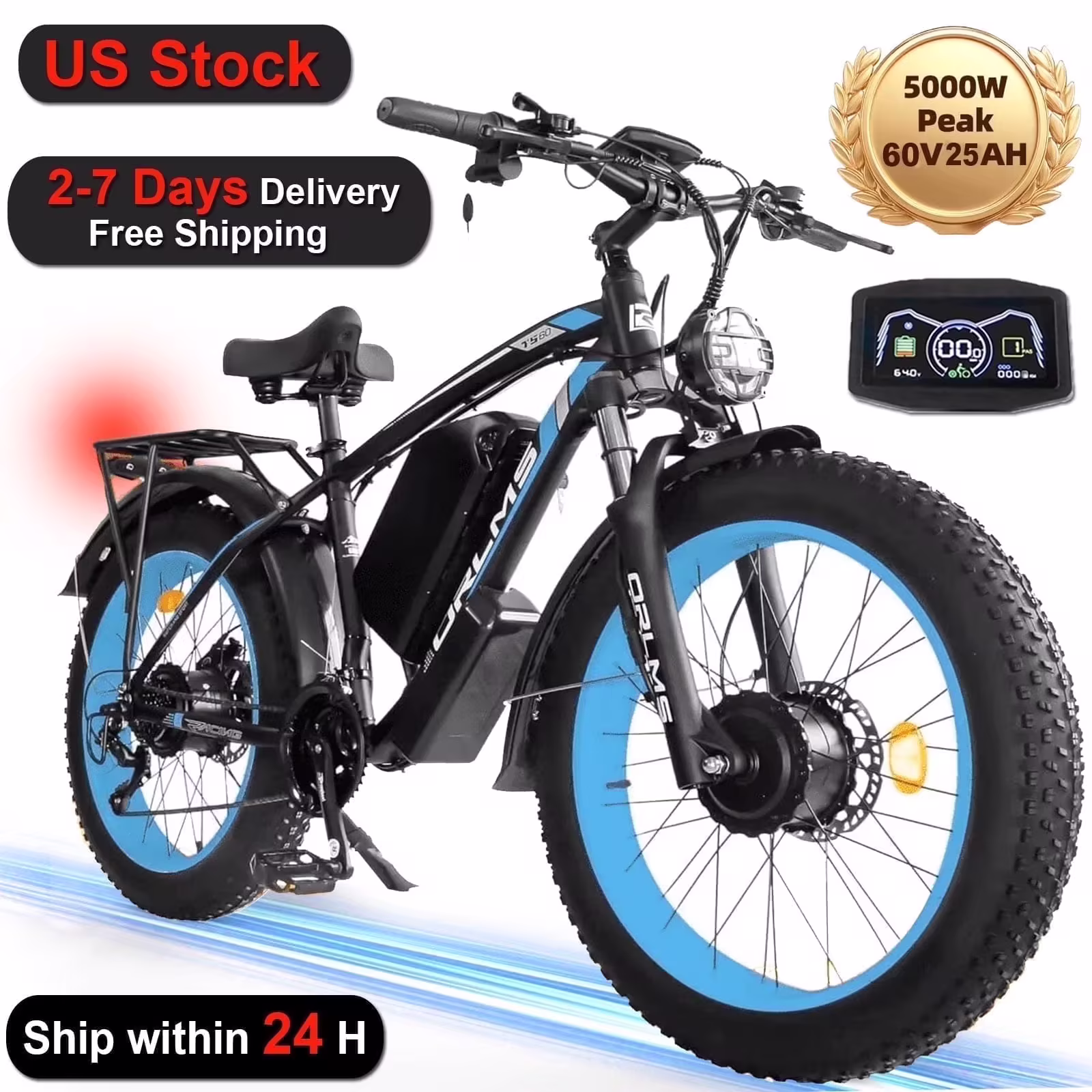 (US in Stock) 5000W Peak Dual Motor Electric Bike for Adults , 60V 25AH Removable Battery Ebike , 50MPH AWD 21-Speed Mountain Snow E-Bike with 26" x 4.0 Fat Tire, Long Range Mountain Off-Road EBikes