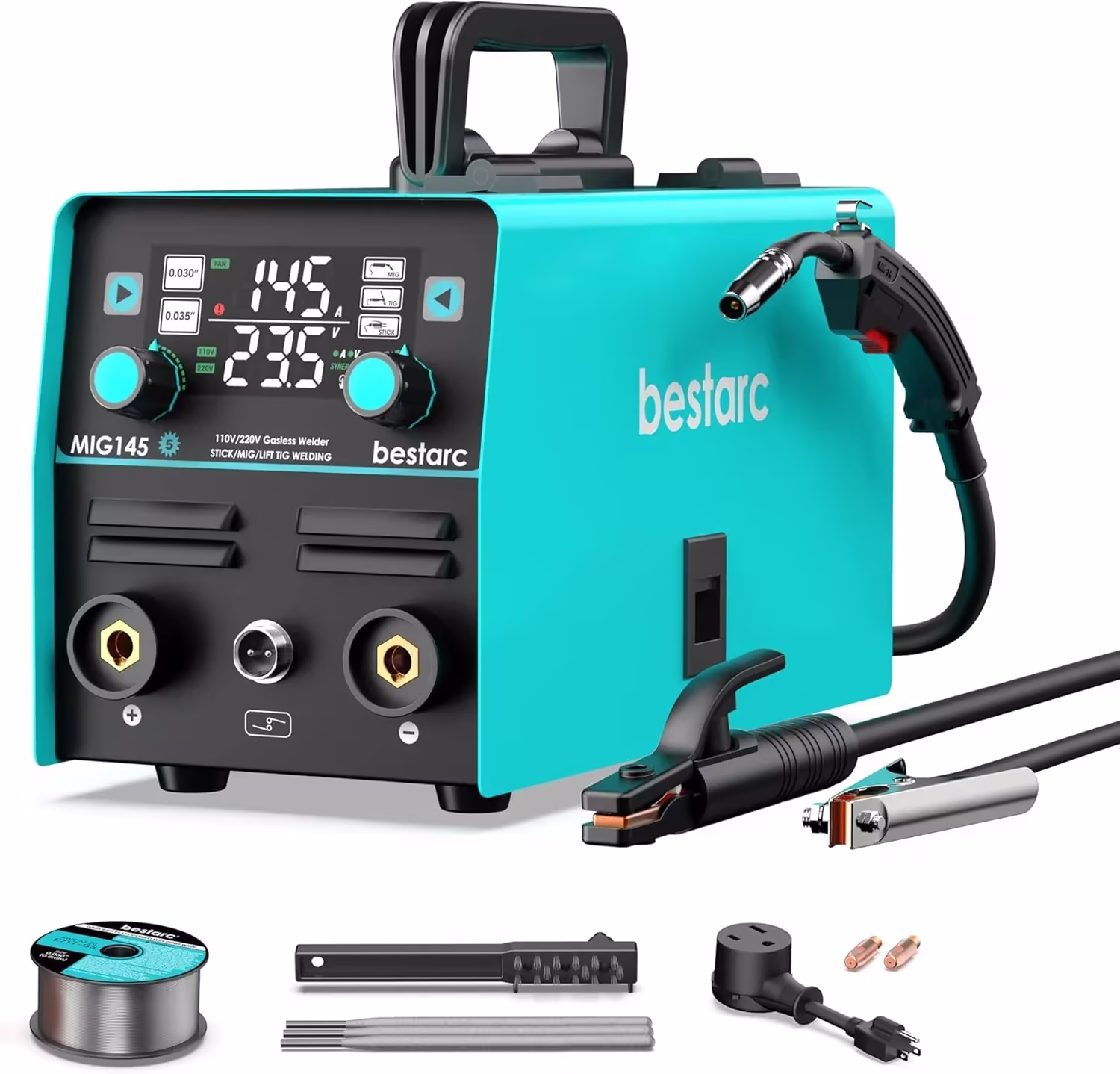 145A MIG Welder, 110V/220V Dual Voltage Gas/Gasless Flux Core MIG Welder/Lift TIG/Stick 3 in 1 Synergic MIG145 9GEN Welding Machine, Flux/Solid Welder Digital Screen Display
